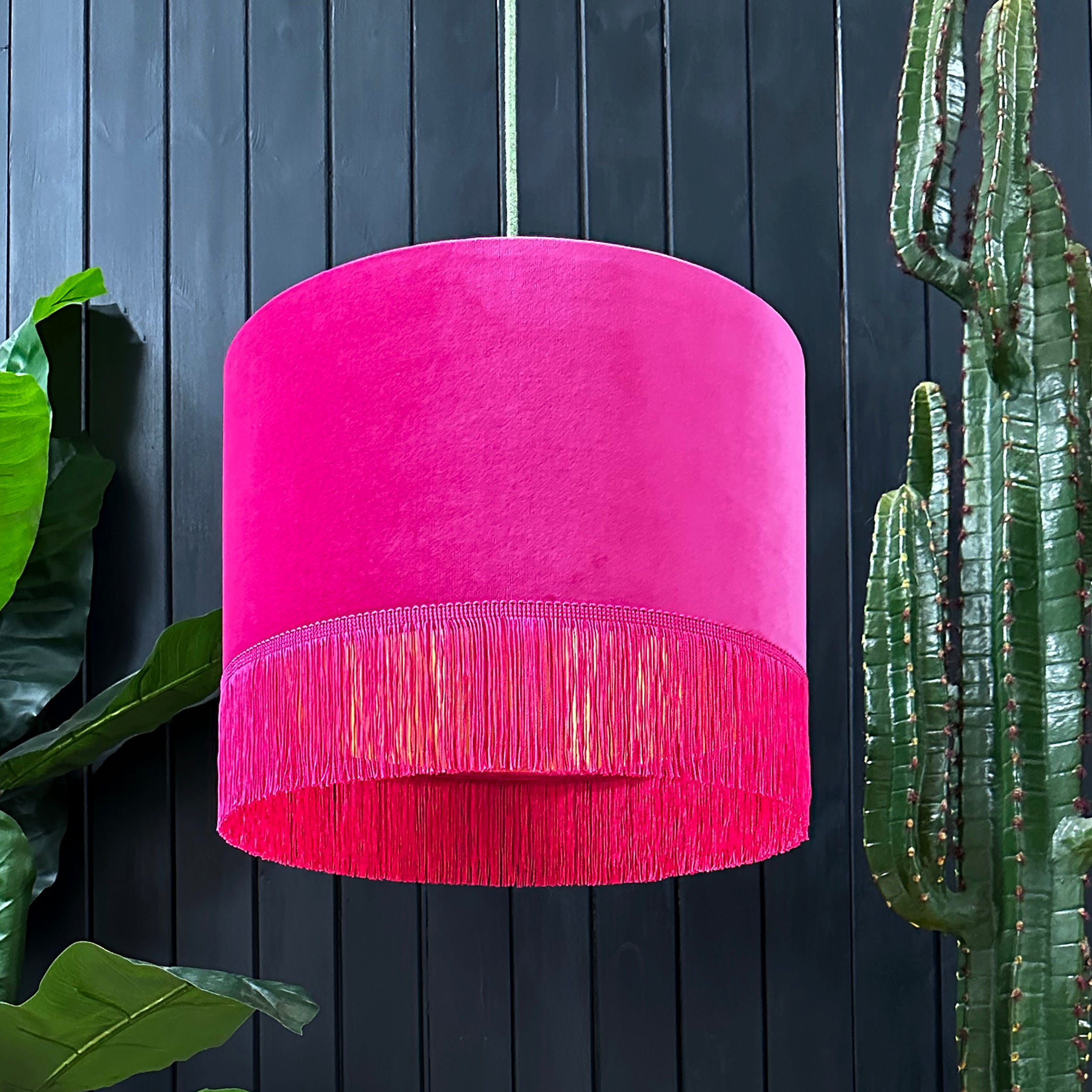 love frankie raspberry velvet lampshade with gold lining and fringing