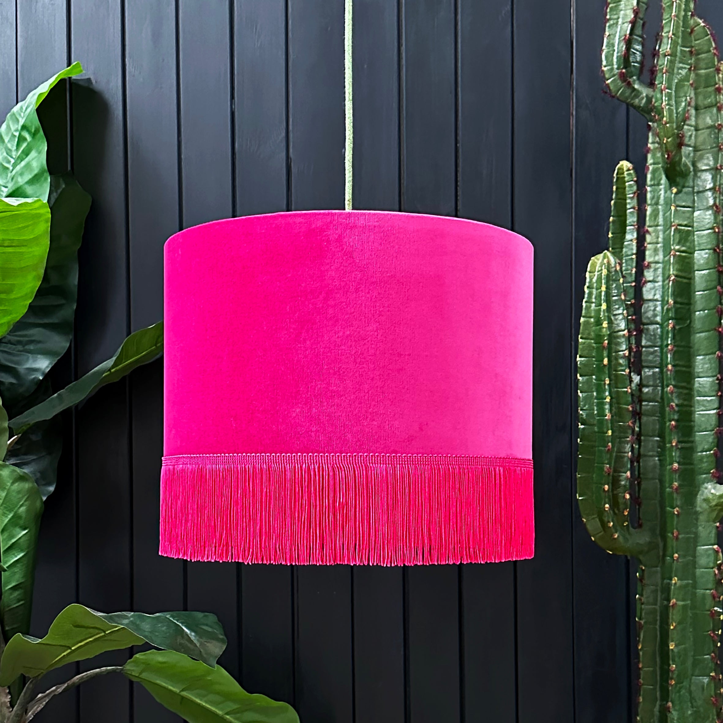 love frankie raspberry velvet lampshade with gold lining and fringing