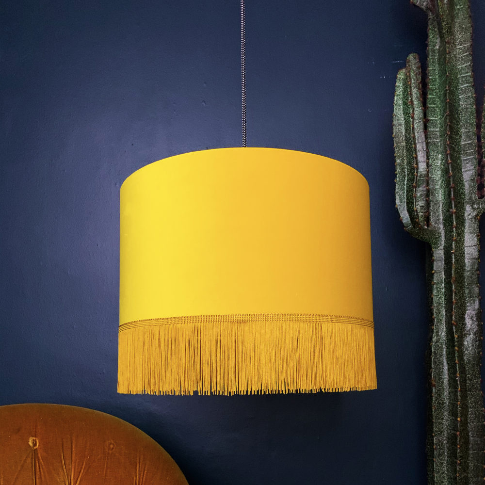 Sunset Yellow Velvet Lampshade with Gold Lining & Fringing