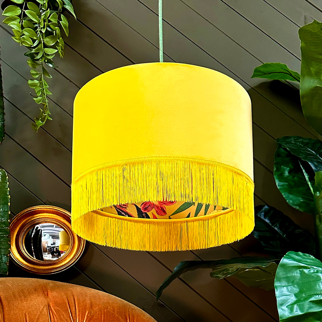 Love Frankie witch hazel botanist garden fringed lampshade in sunset velvet