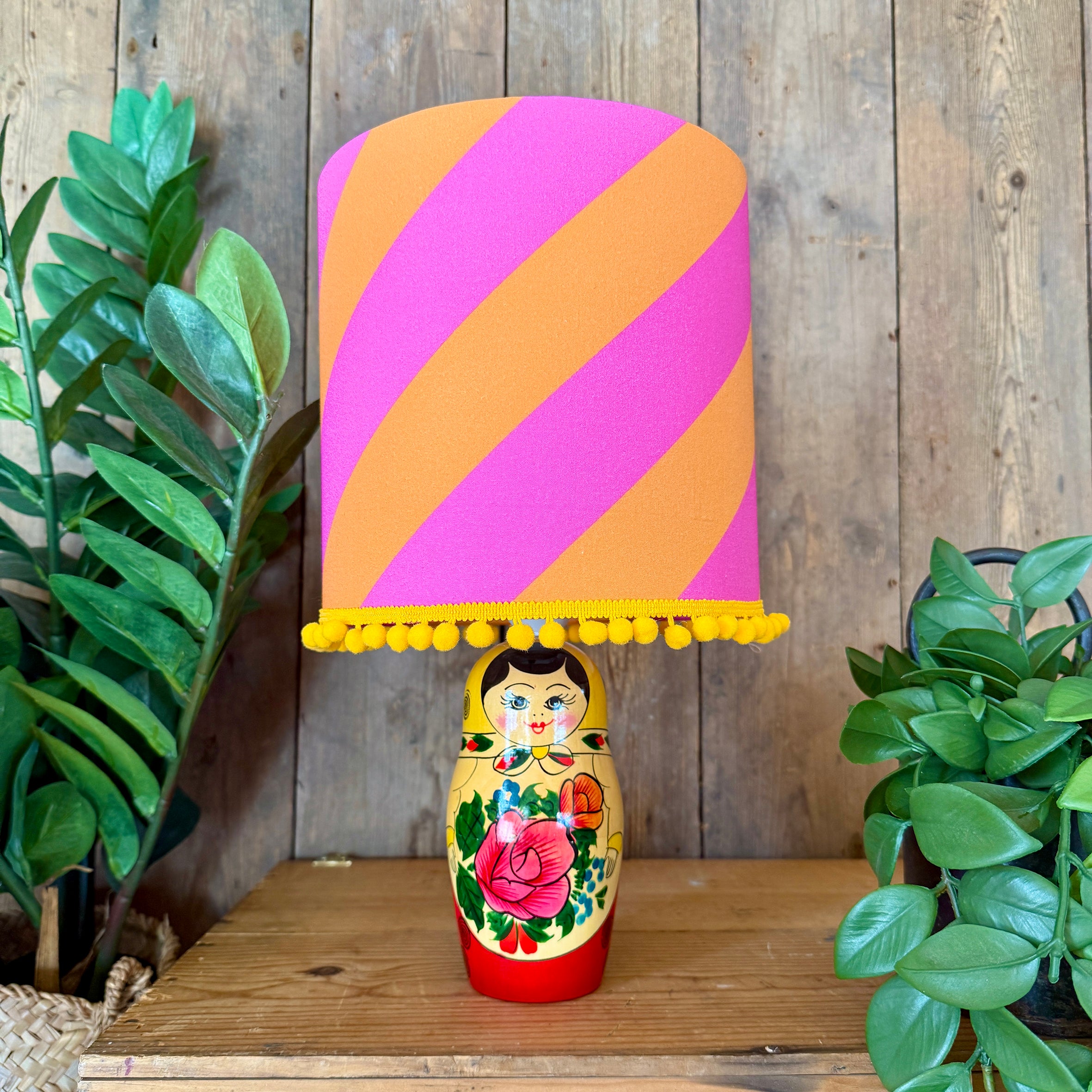 Medium Handmade Dinky Doll Cordless Lamp with Pink & Orange Tilted Stripe Shade