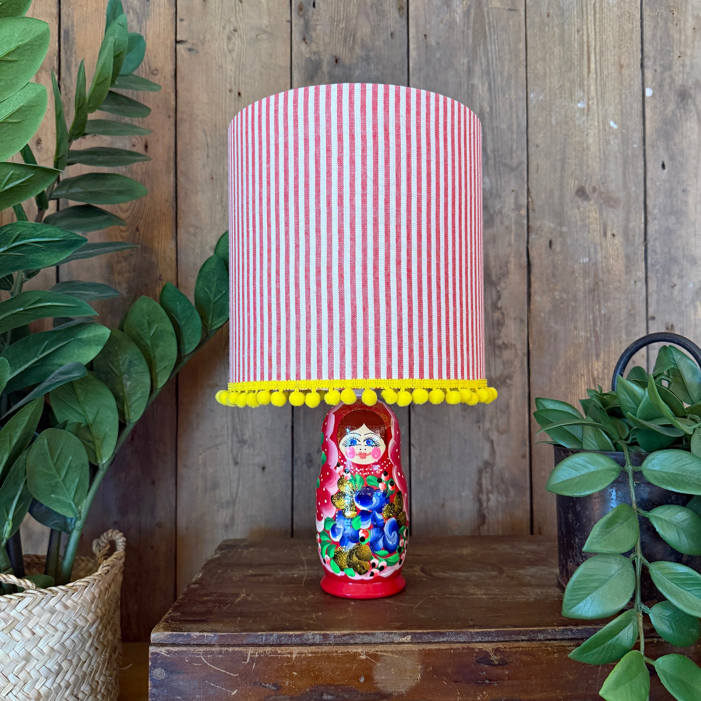 Medium Handmade Dinky Doll Cordless Lamp with Red Candy Stripe Shade