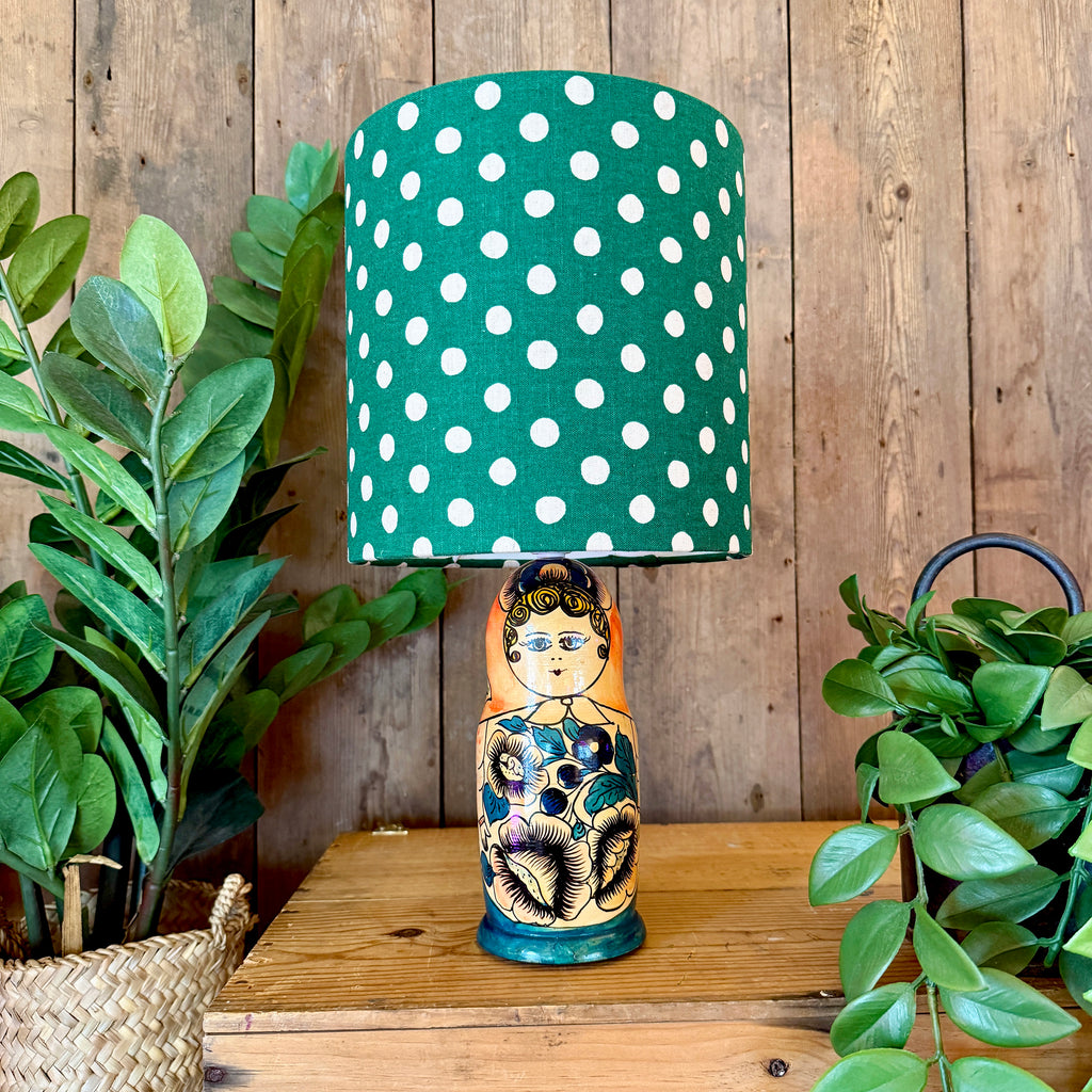Medium Handmade Dinky Doll Cordless Lamp with Clover Green Polka Dot Shade