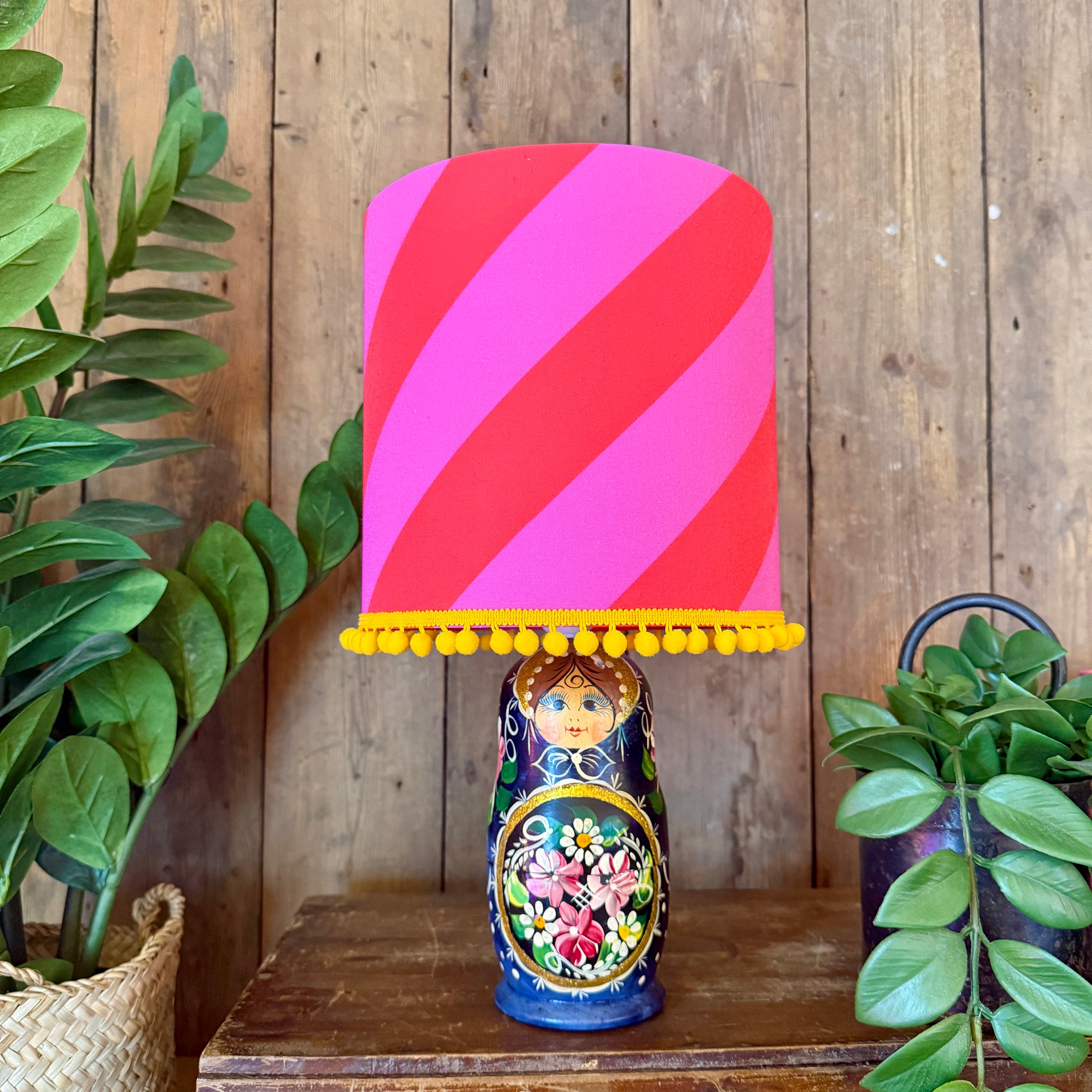 Medium Handmade Dinky Doll Cordless Lamp with Red & Pink Tilted Stripe Shade