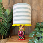 Medium Handmade Dinky Doll Cordless Lamp with Green & White Stripe Shade