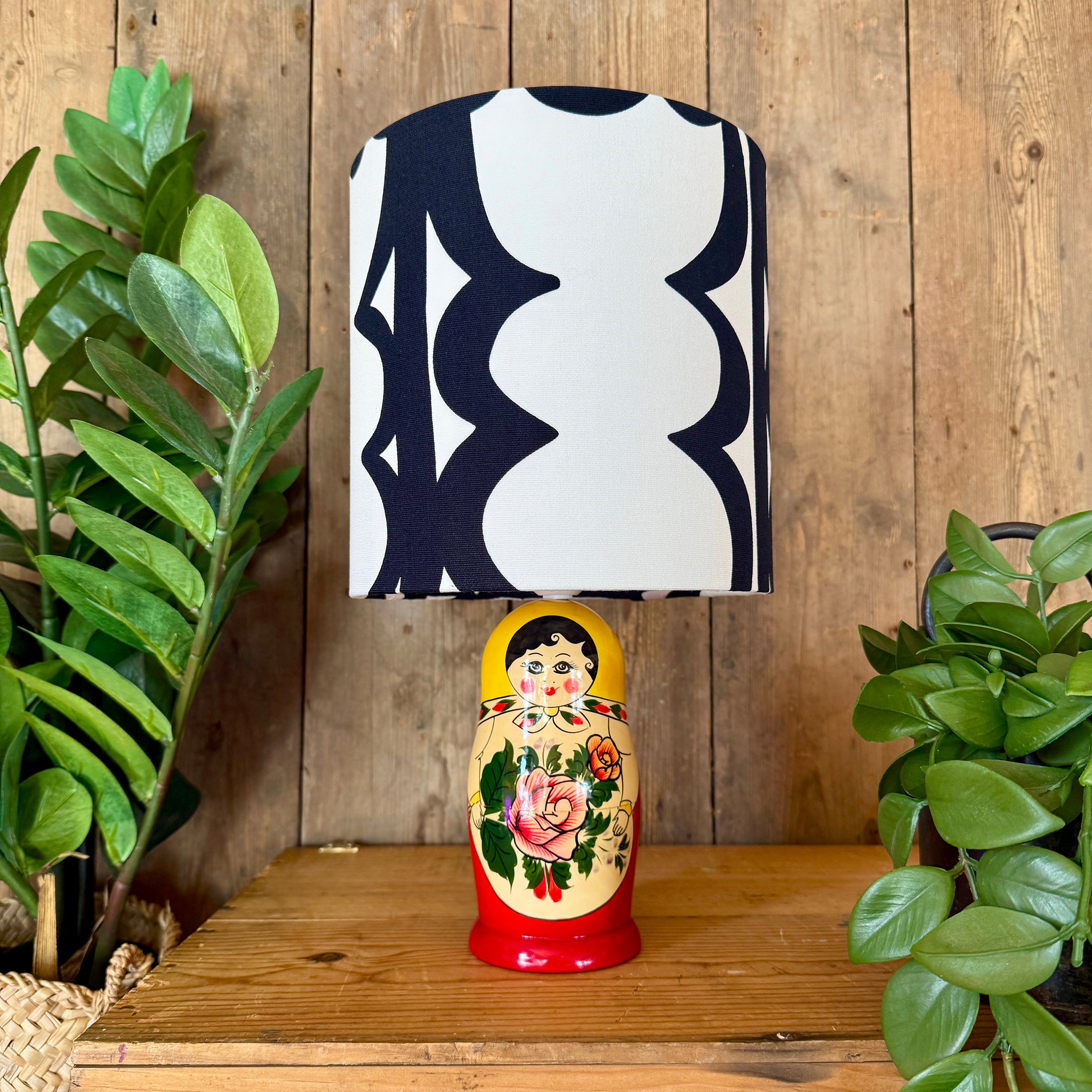 Medium Handmade Dinky Doll Cordless Lamp with Monochrome Abstract Shade