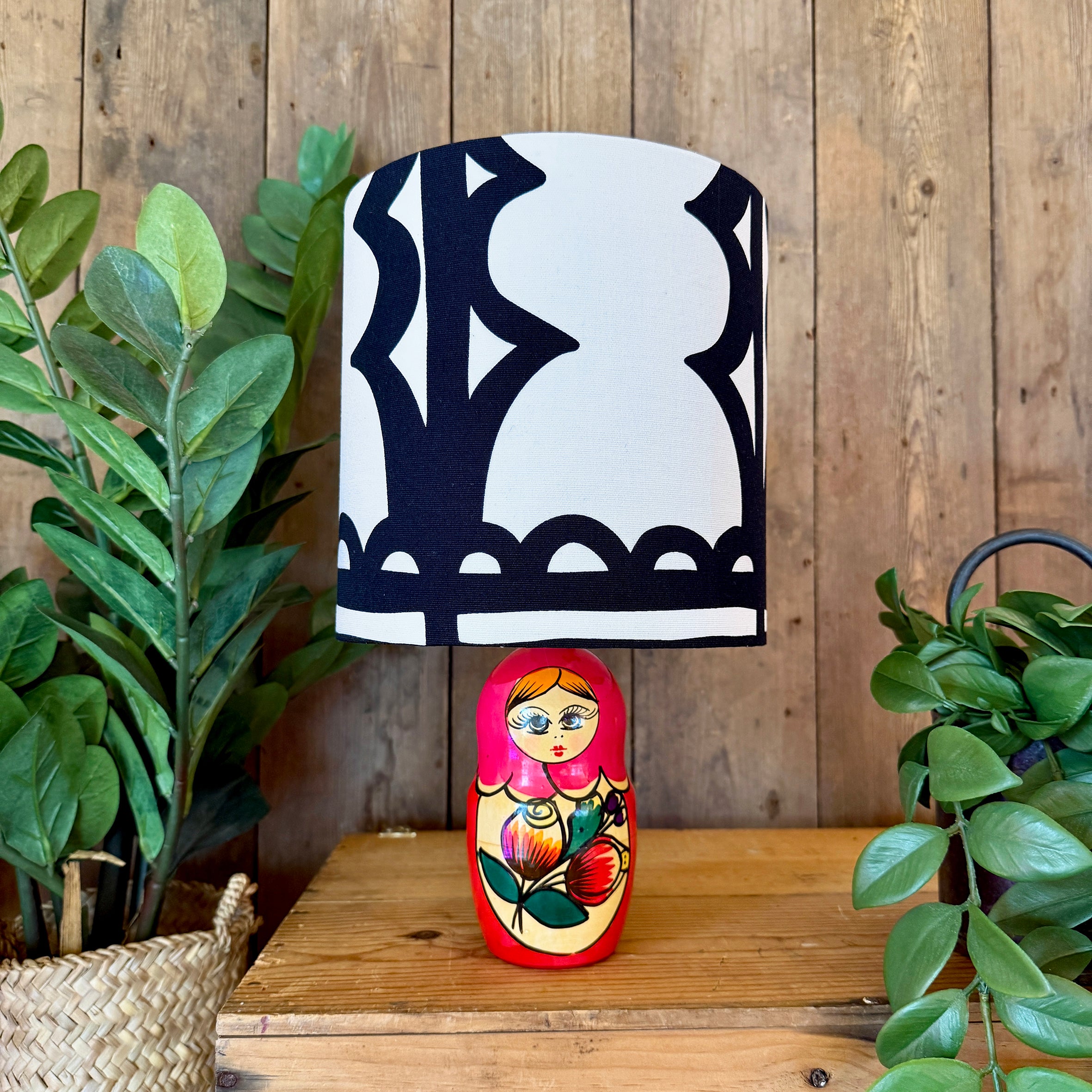 Medium Handmade Dinky Doll Cordless Lamp with Monochrome Abstract Shade