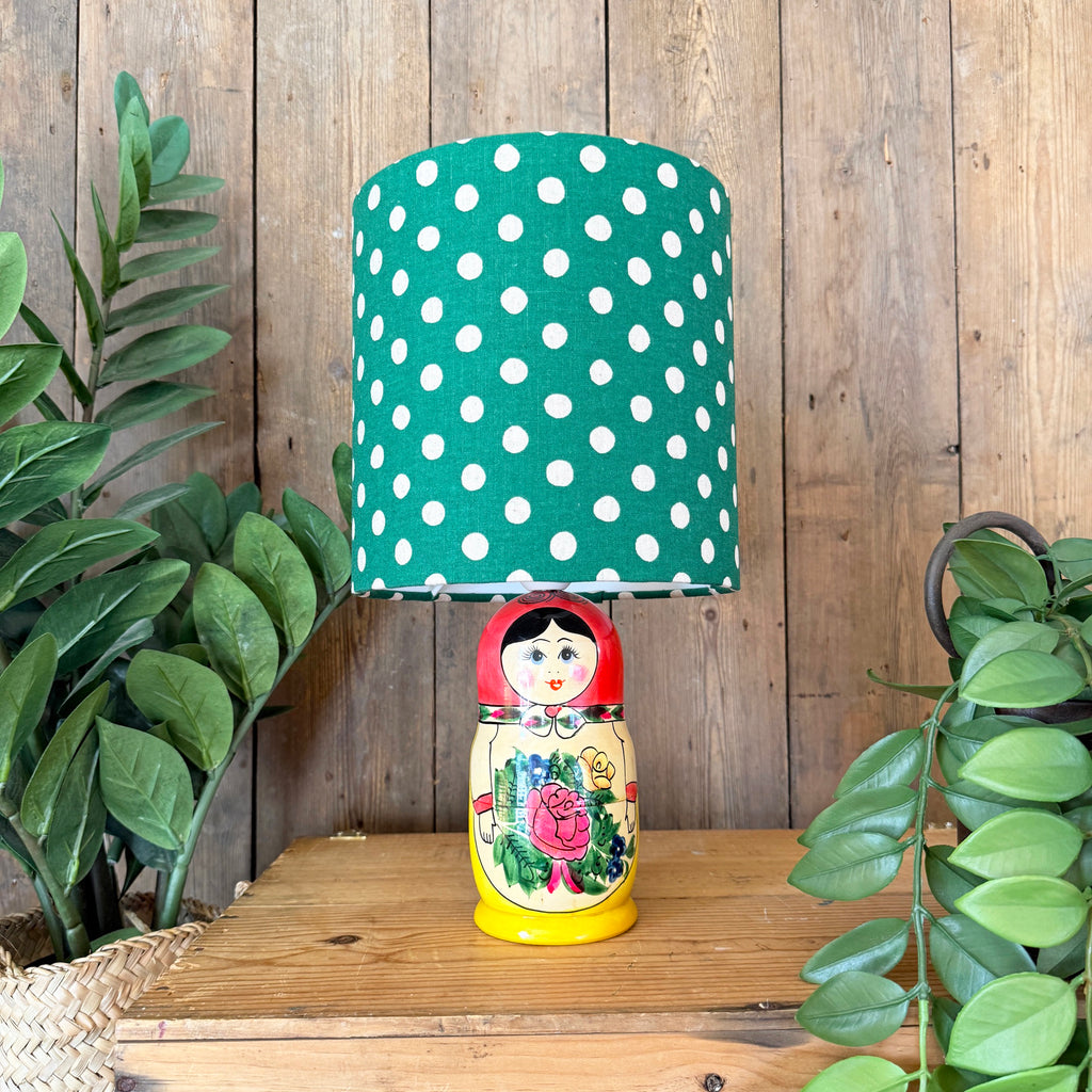 Medium Handmade Dinky Doll Cordless Lamp with Clover Green Polka Dot Shade