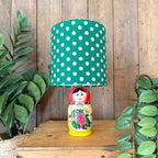 Medium Handmade Dinky Doll Cordless Lamp with Clover Green Polka Dot Shade