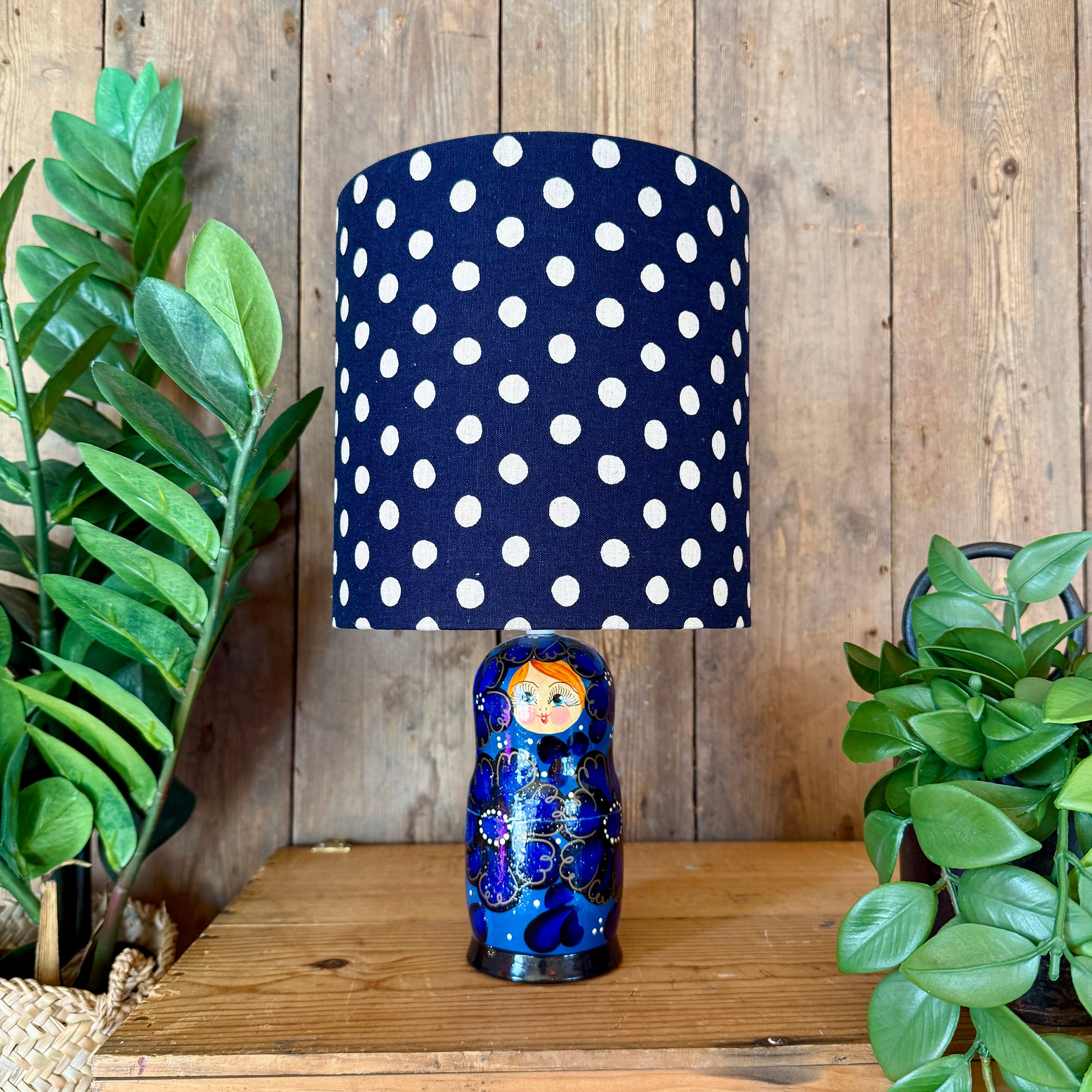 Medium Handmade Dinky Doll Cordless Lamp with Navy Blue Polka Dot Shade