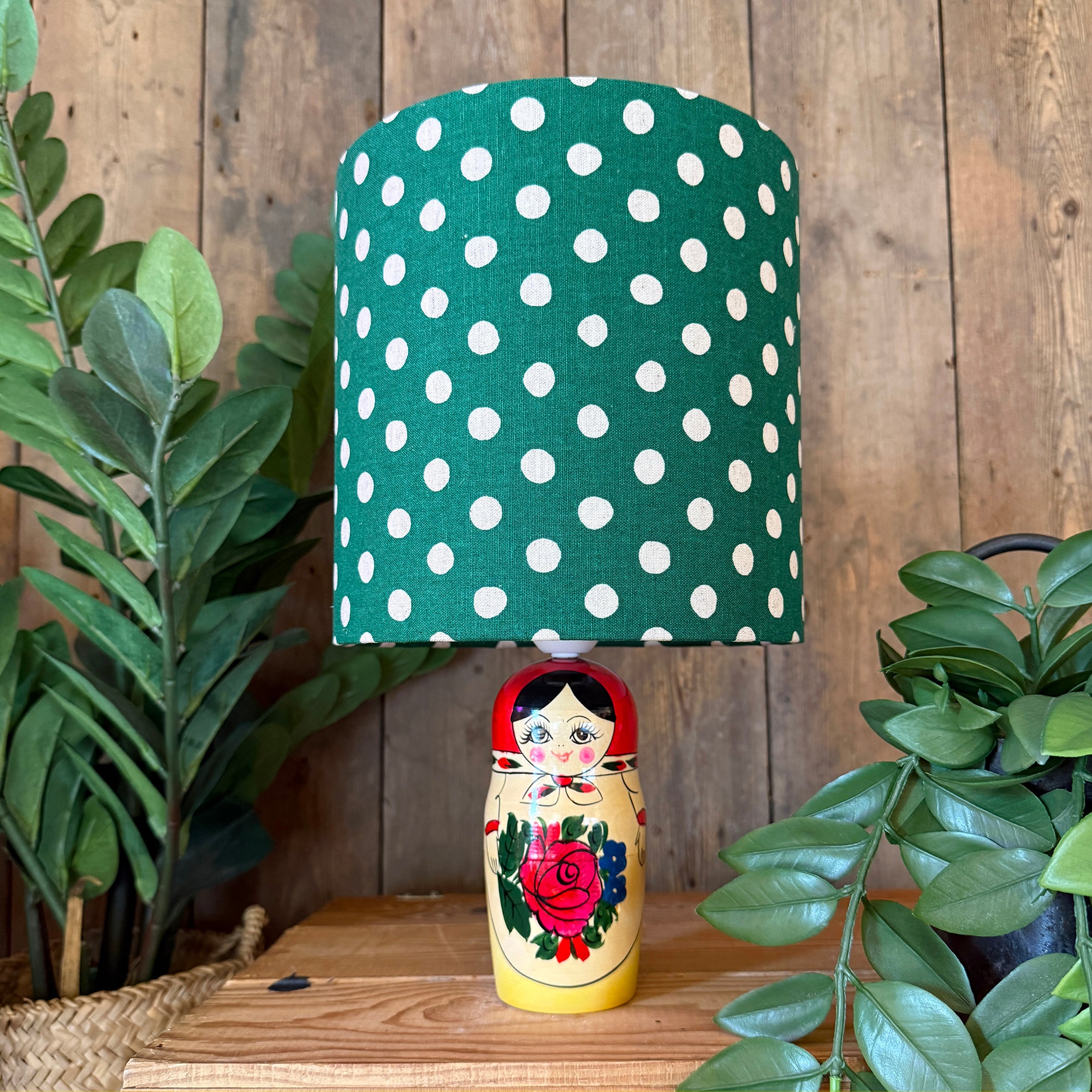 Medium Handmade Dinky Doll Cordless Lamp with Clover Green Polka Dot Shade
