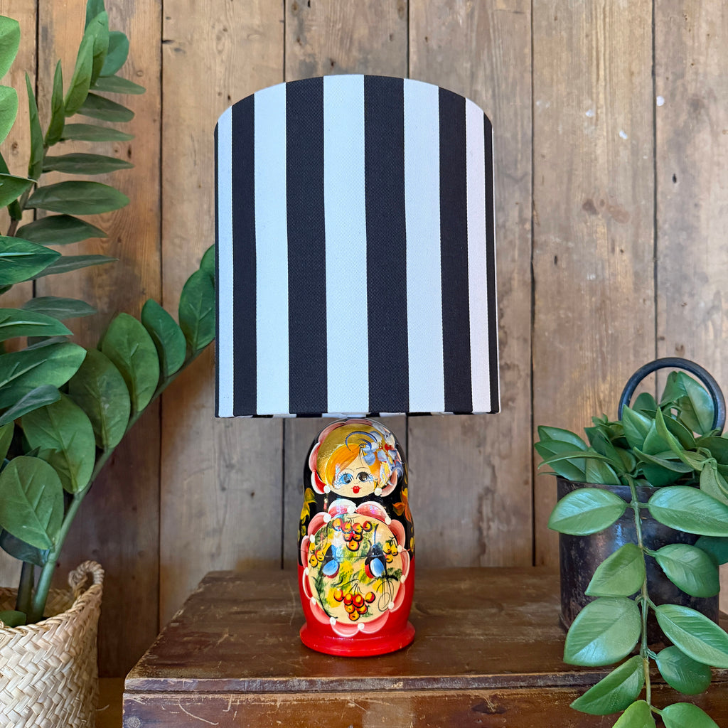 Medium Handmade Dinky Doll Cordless Lamp with Black and White Stripe Shade