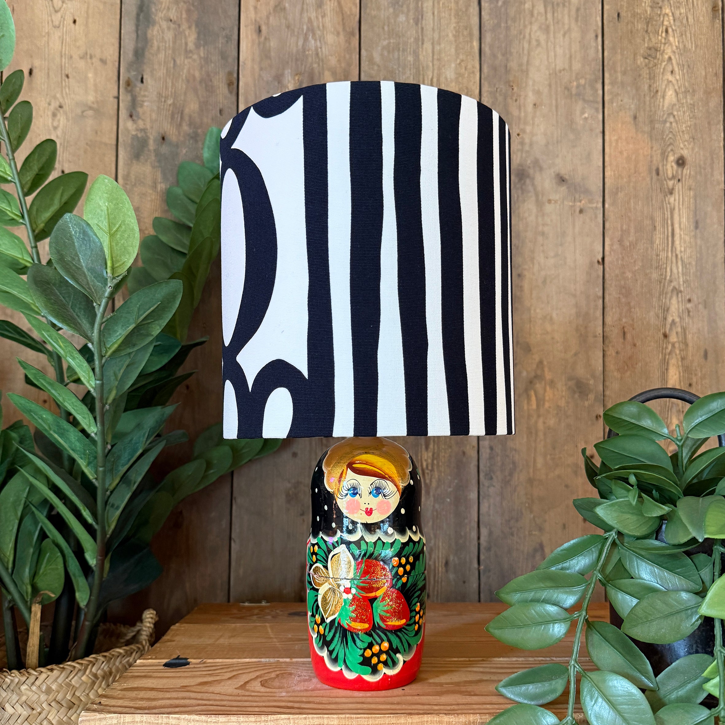 Medium Handmade Dinky Doll Cordless Lamp with Monochrome Abstract Shade