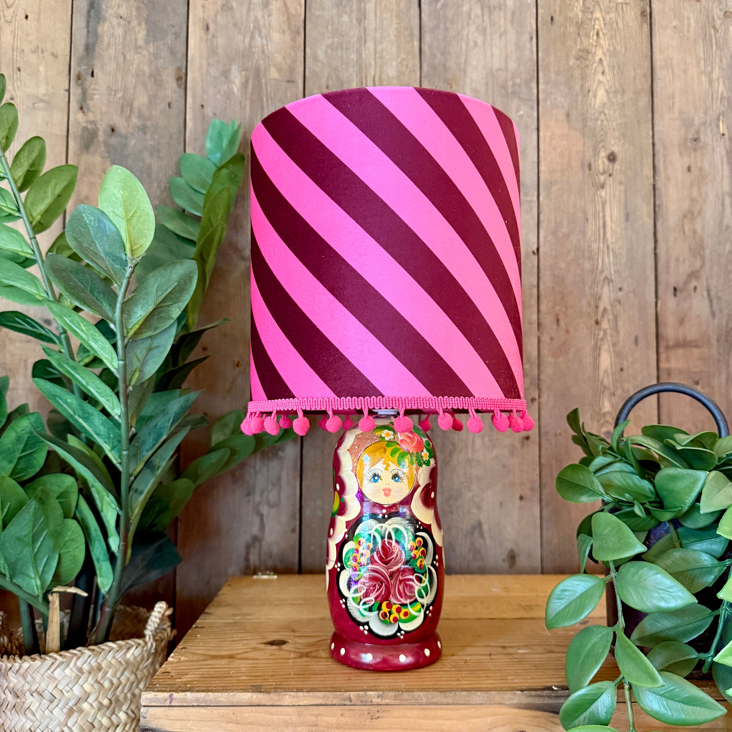 Medium Handmade Dinky Doll Cordless Lamp with Raspberry Ripple Tilted Stripe Shade