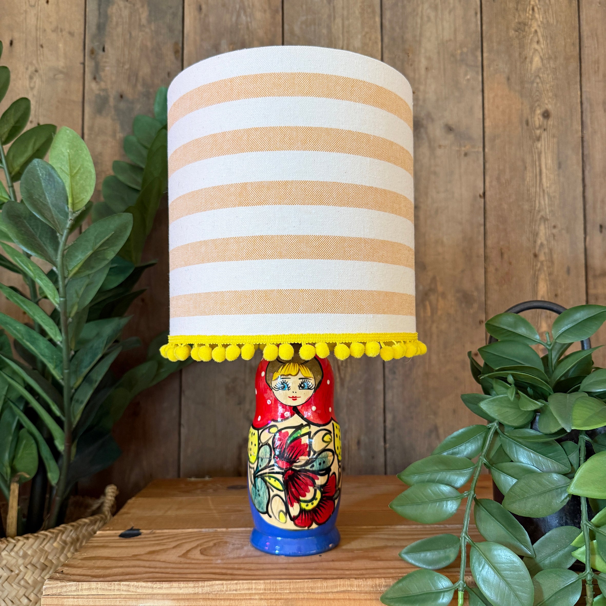 Medium Handmade Dinky Doll Cordless Lamp with Sand and White Stripe Shade