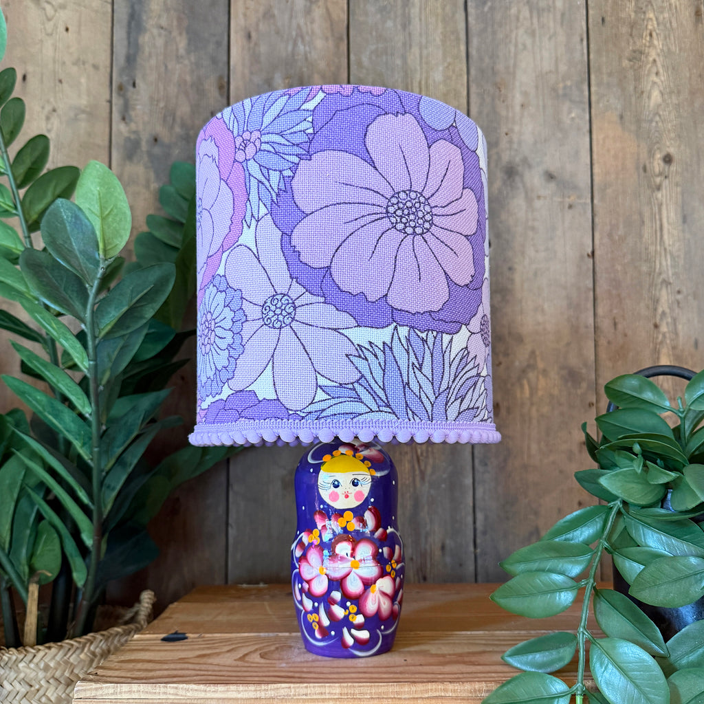 Medium Handmade Dinky Doll Cordless Lamp with Lilac Vintage Flowers Shade