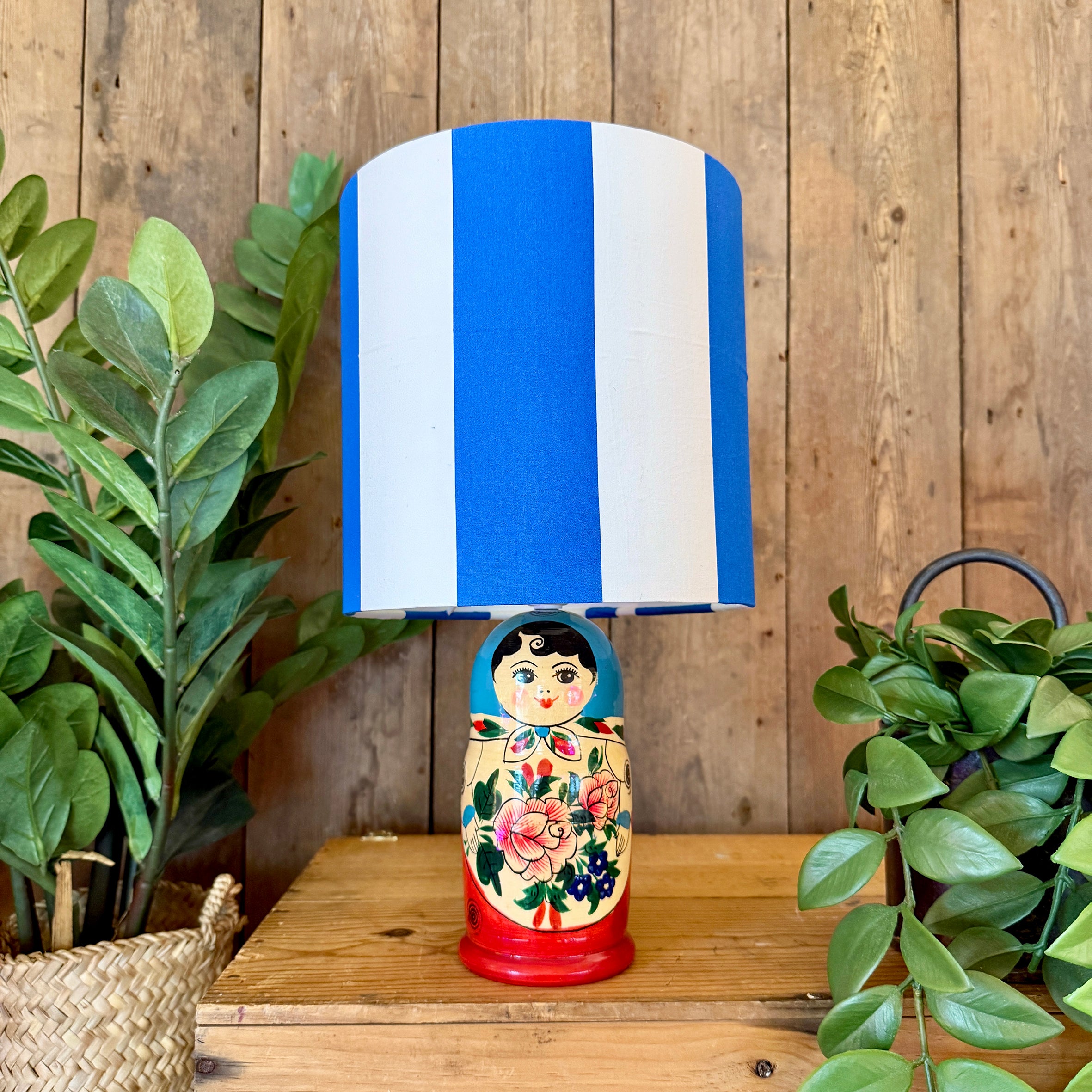 Medium Handmade Dinky Doll Cordless Lamp with Cobalt Blue and White Stripe Shade