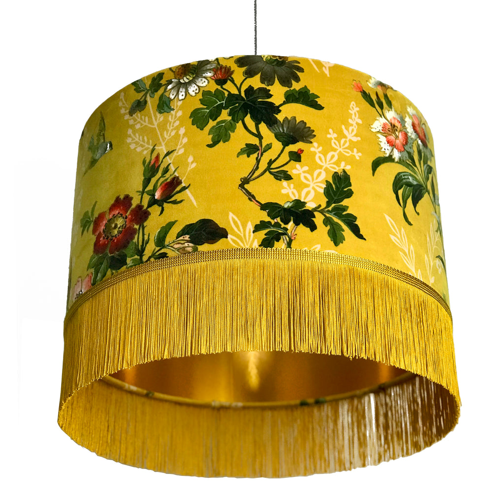 Floral Mustard Velvet Lampshade with Gold Lining & Fringing
