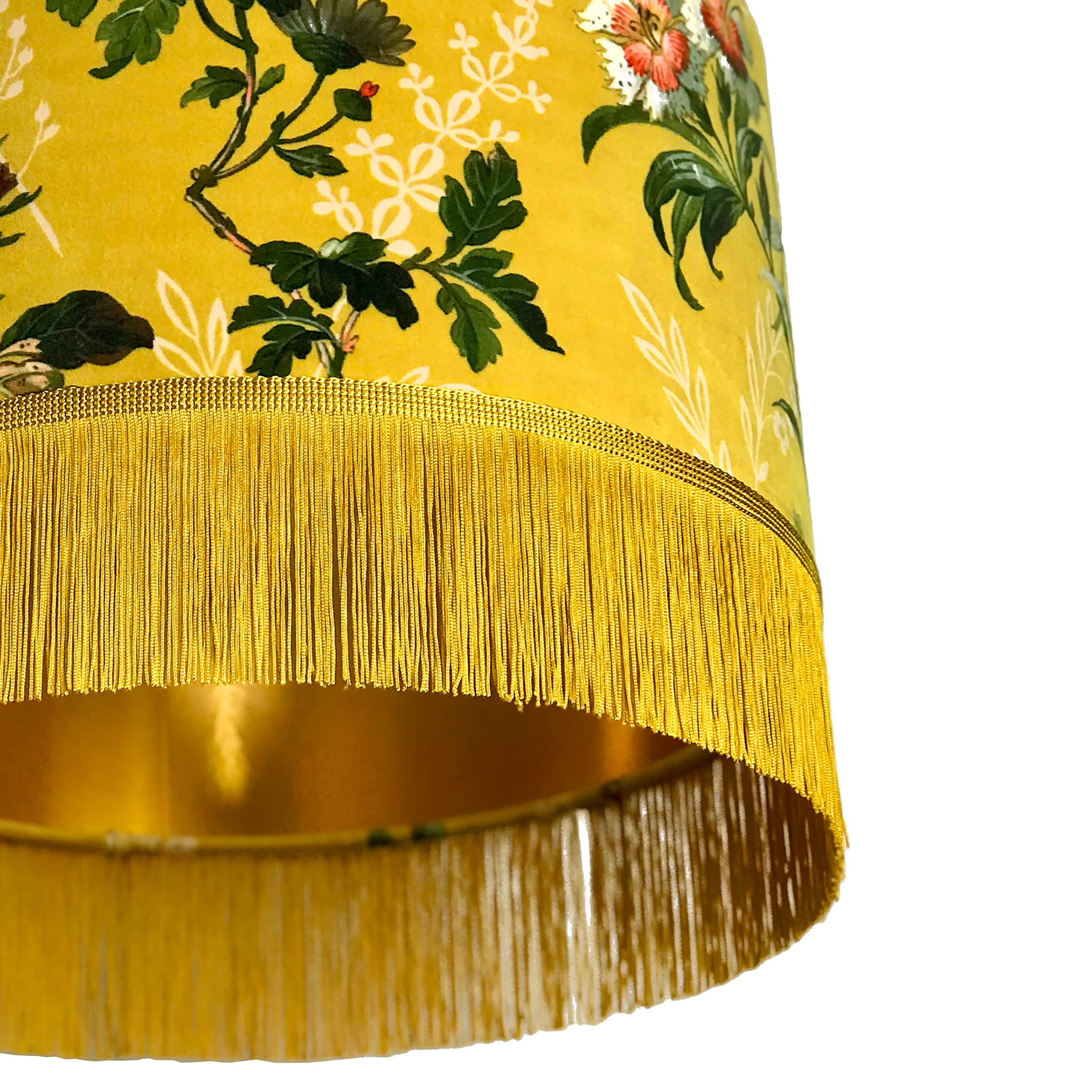 Floral Mustard Velvet Lampshade with Gold Lining & Fringing