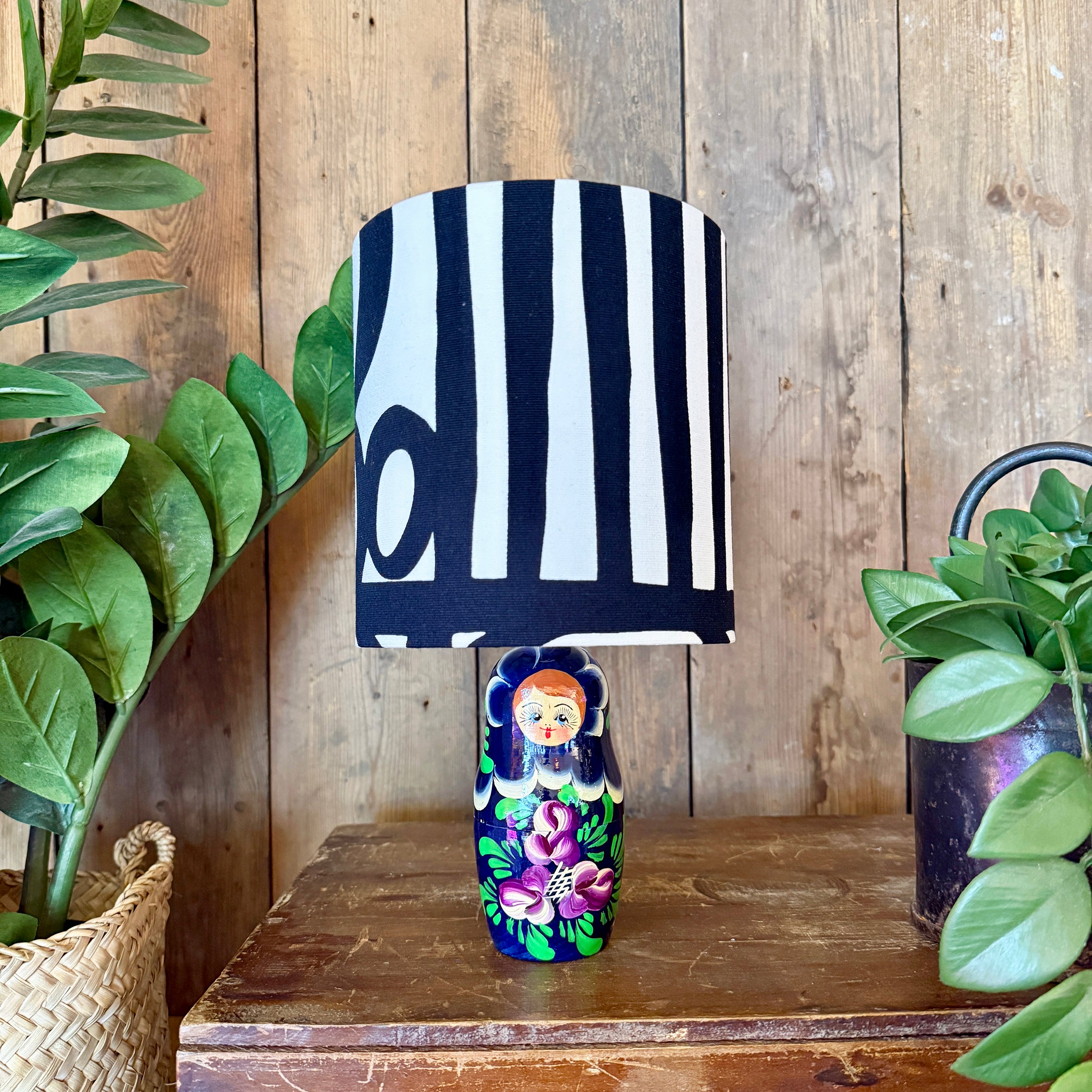 Small Handmade Dinky Doll Cordless Lamp with Abstract Monochrome Shade