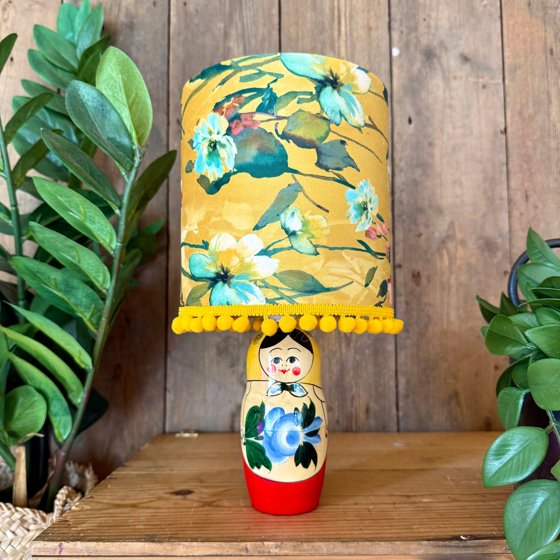 Small Handmade Dinky Doll Cordless Lamp with Honey Floral Shade