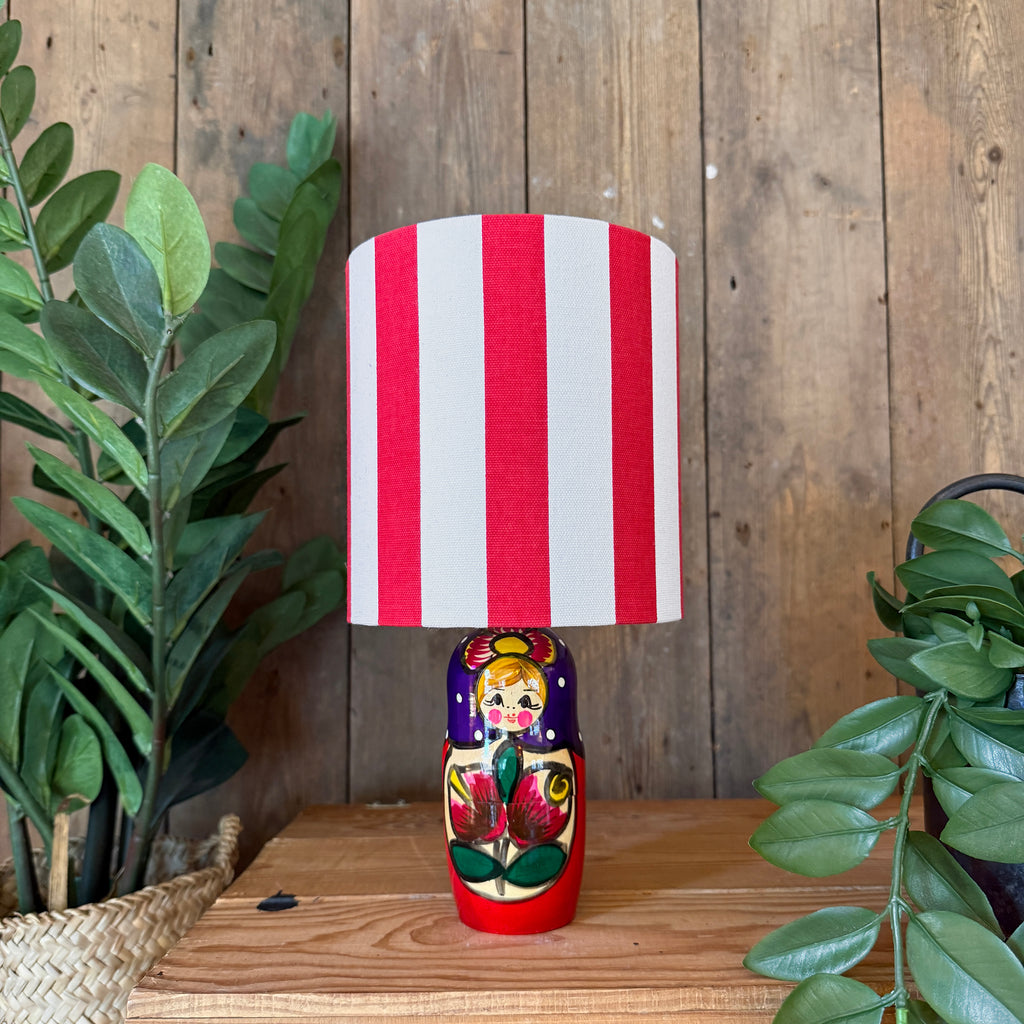 Small Handmade Dinky Doll Cordless Lamp with Red and White Striped Shade
