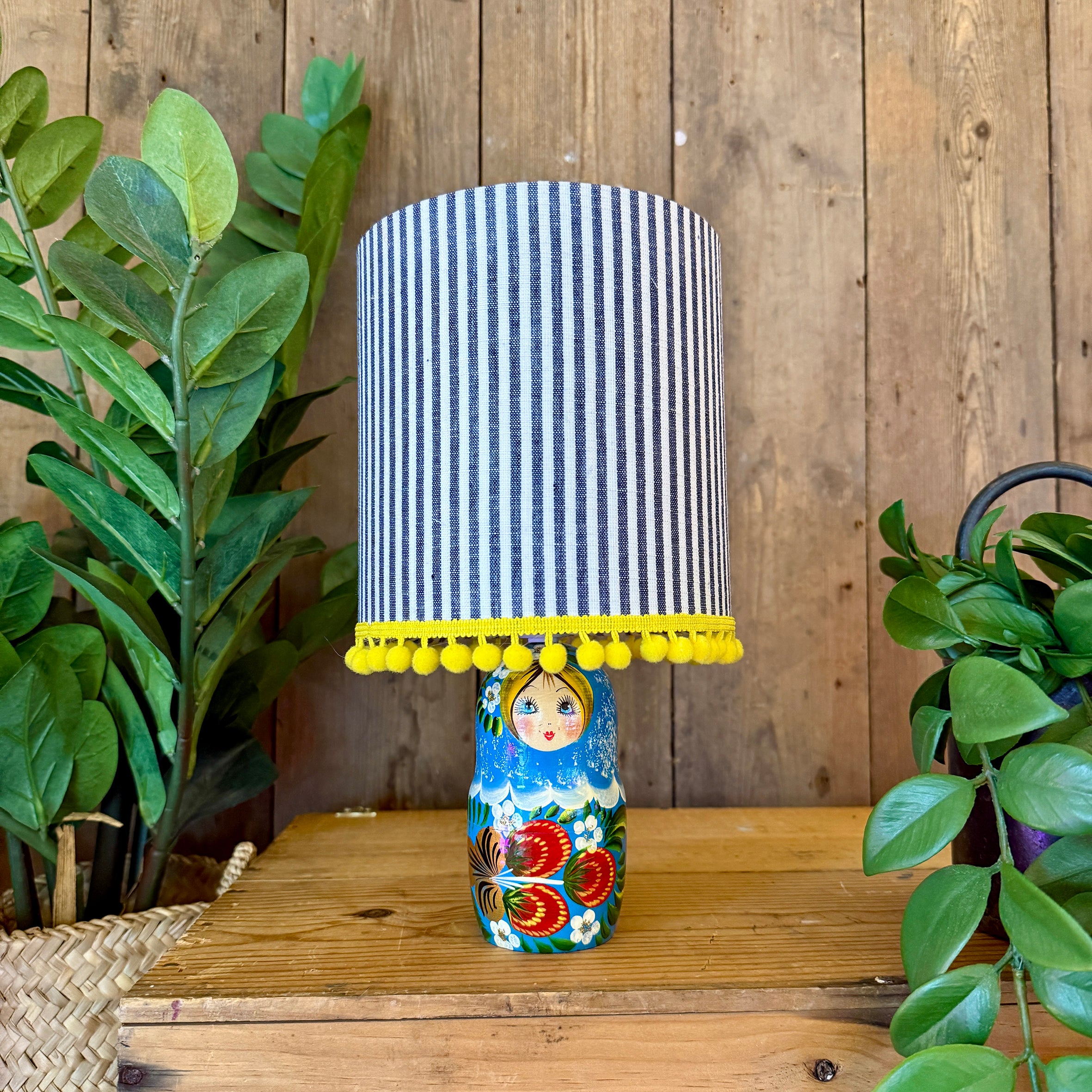 Small Handmade Dinky Doll Cordless Lamp with Navy Candy Stripe Shade