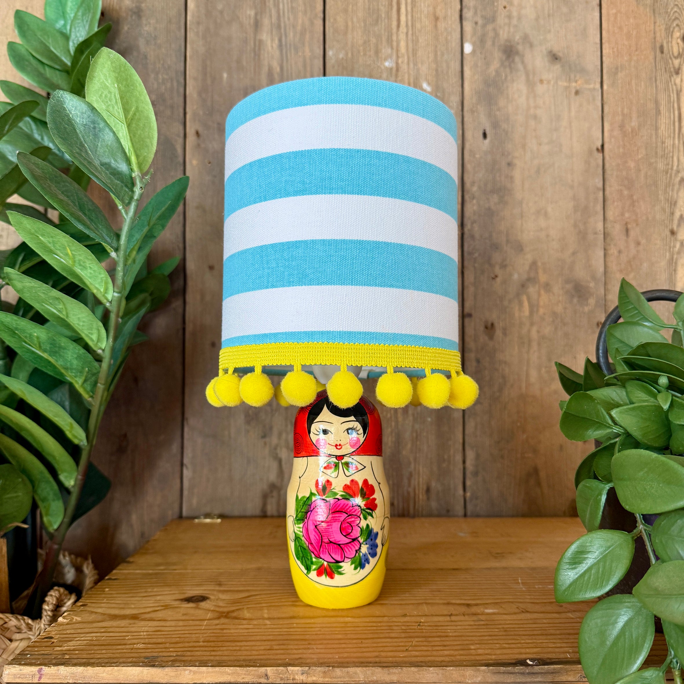 Small Handmade Dinky Doll Cordless Lamp with Blue and White Stripe Shade