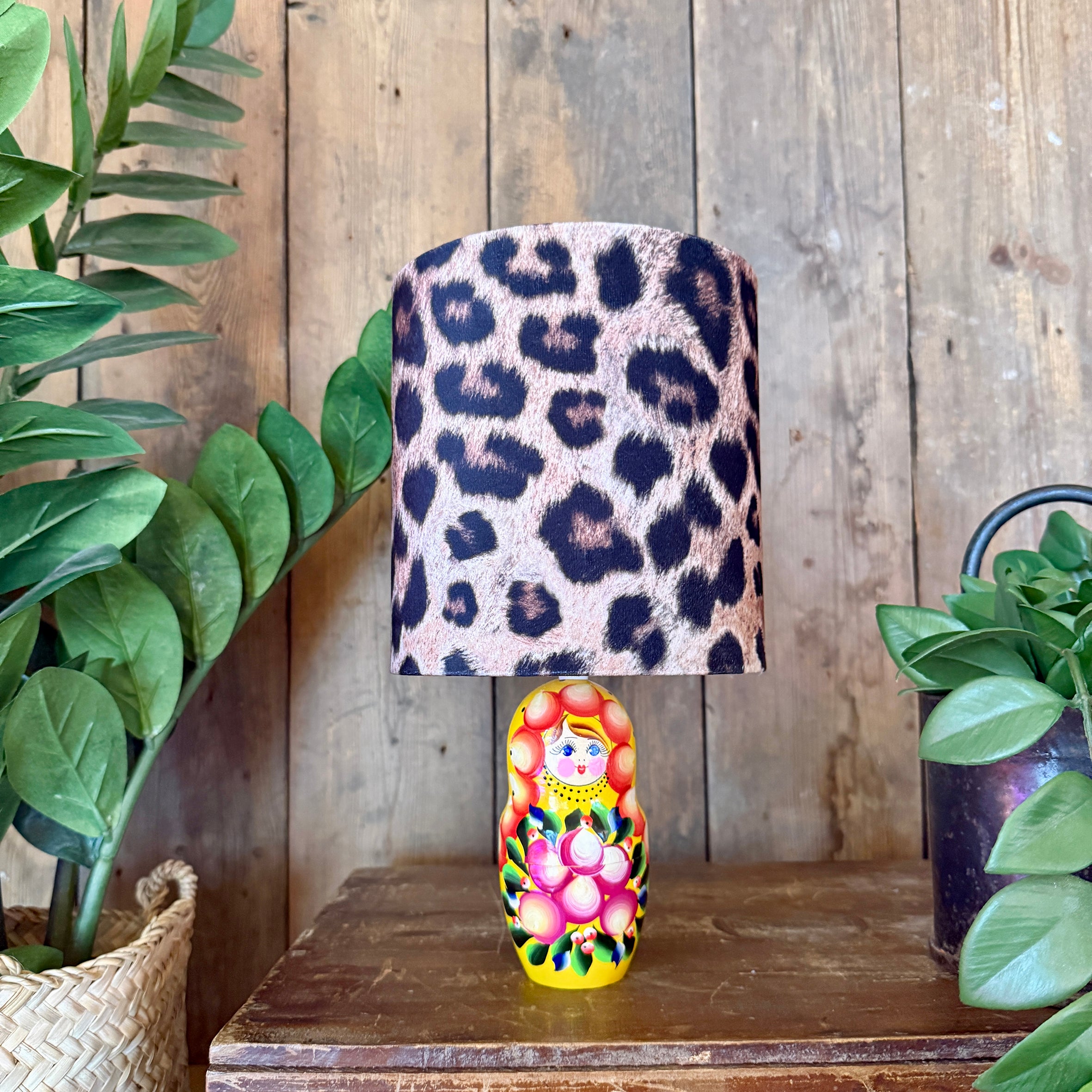 Small Handmade Dinky Doll Cordless Lamp with Jaguar Print Shade