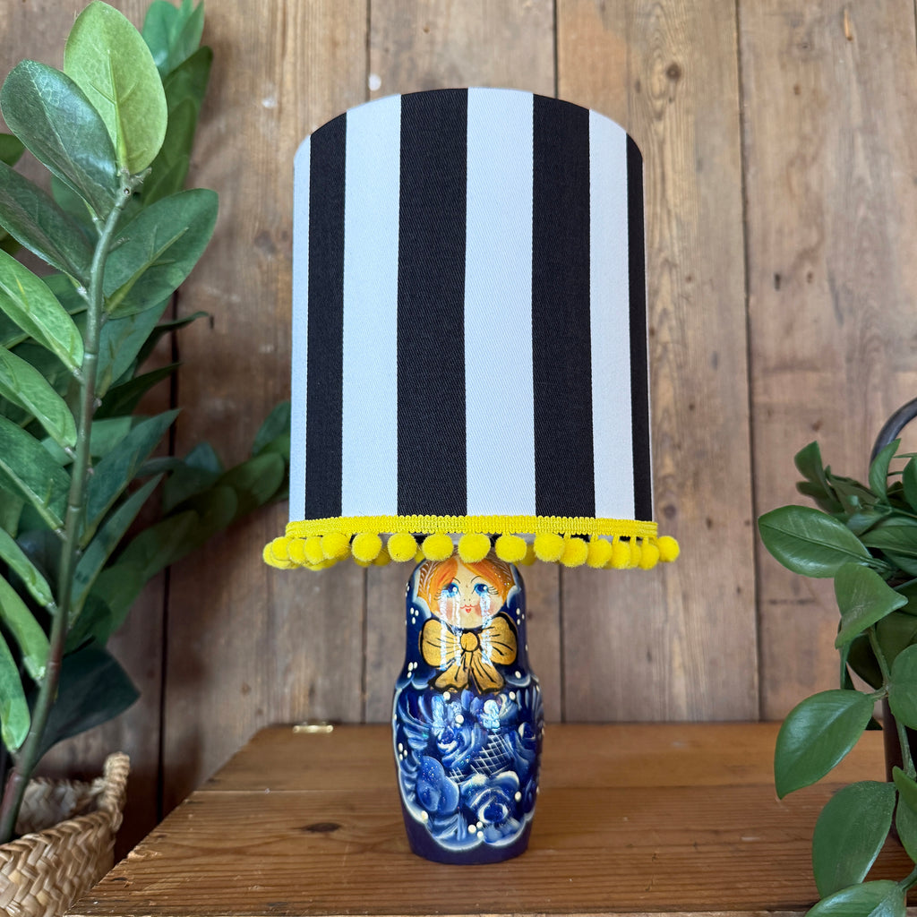 Small Handmade Dinky Doll Cordless Lamp with Black and White Stripe Shade