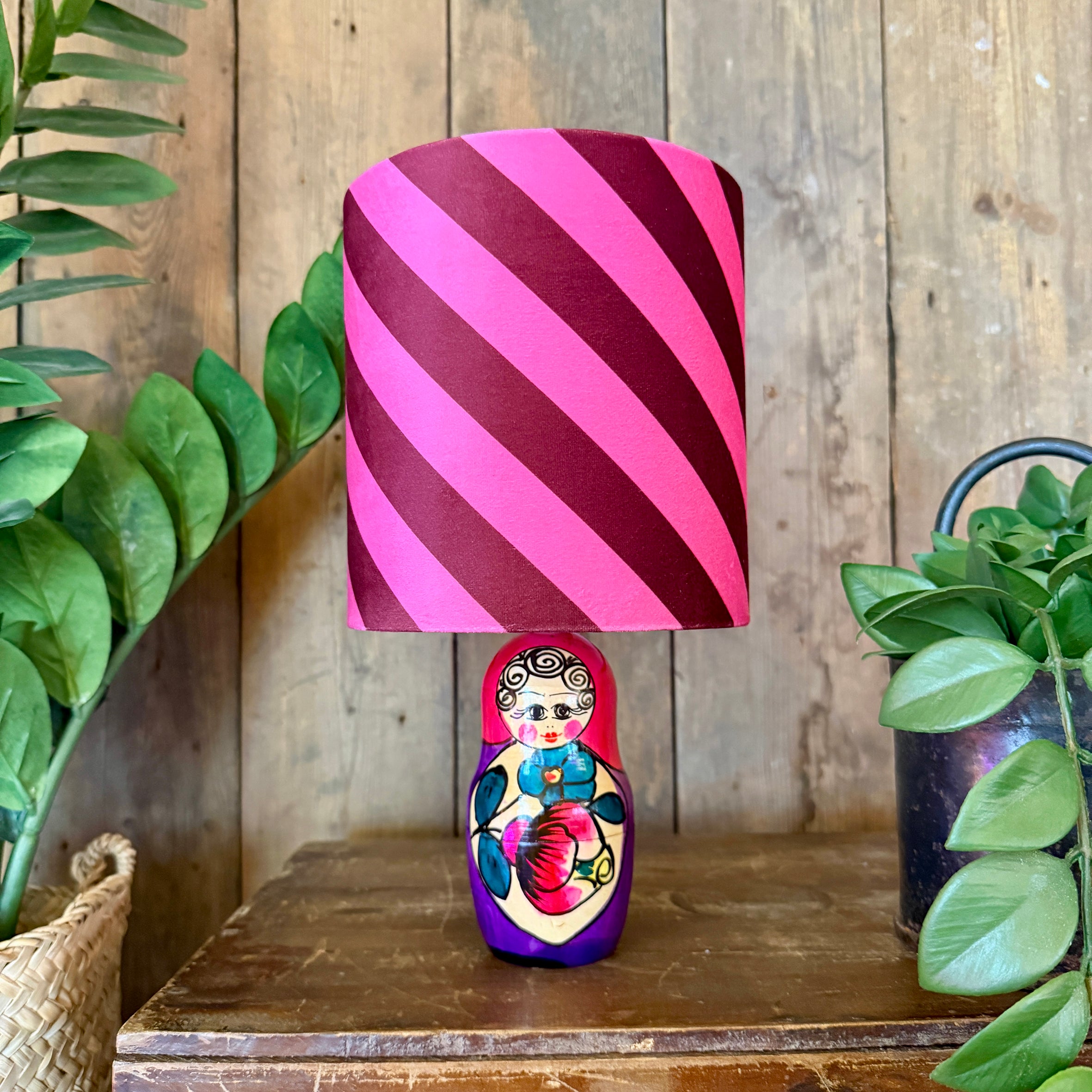 Small Handmade Dinky Doll Cordless Lamp with Raspberry Ripple Tilted Stripe Shade