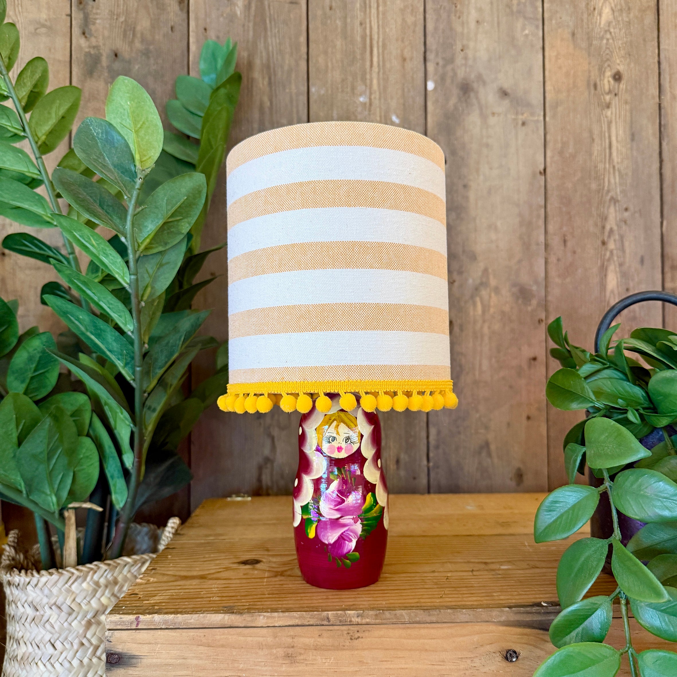 Small Handmade Dinky Doll Cordless Lamp with Sand Circus Stripe Shade