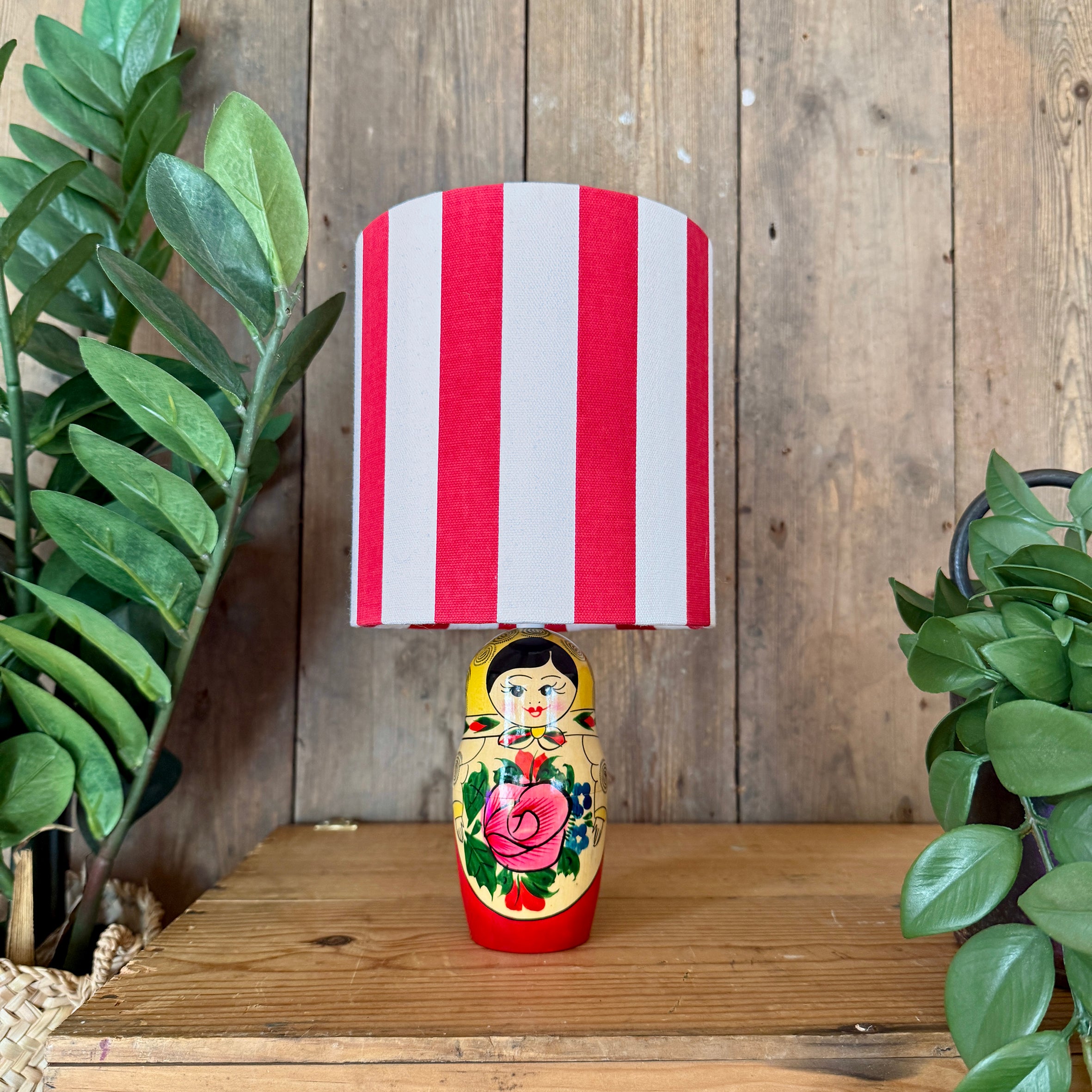Small Handmade Dinky Doll Cordless Lamp with Red and White Striped Shade