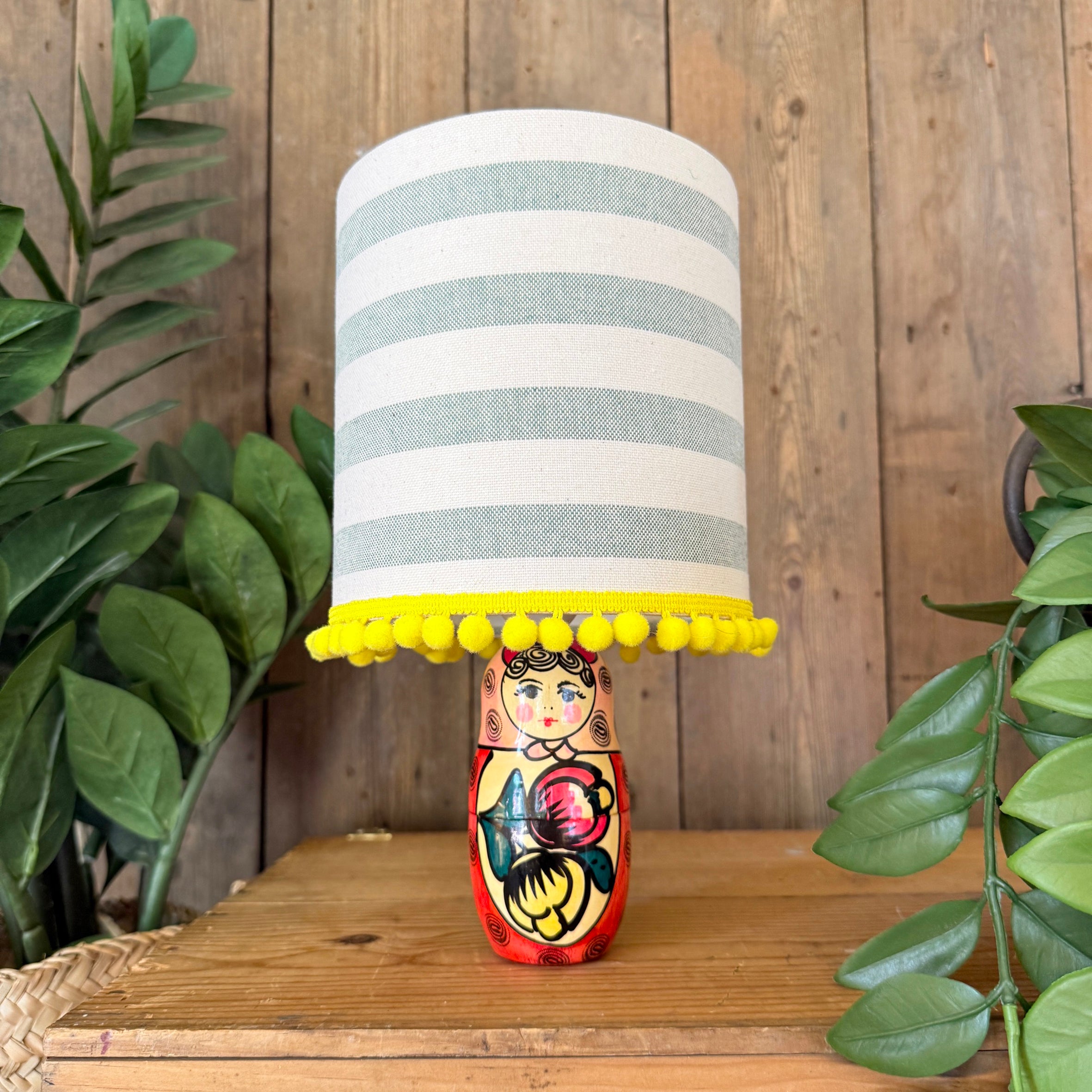 Small Handmade Dinky Doll Cordless Lamp with Green Stripe Shade