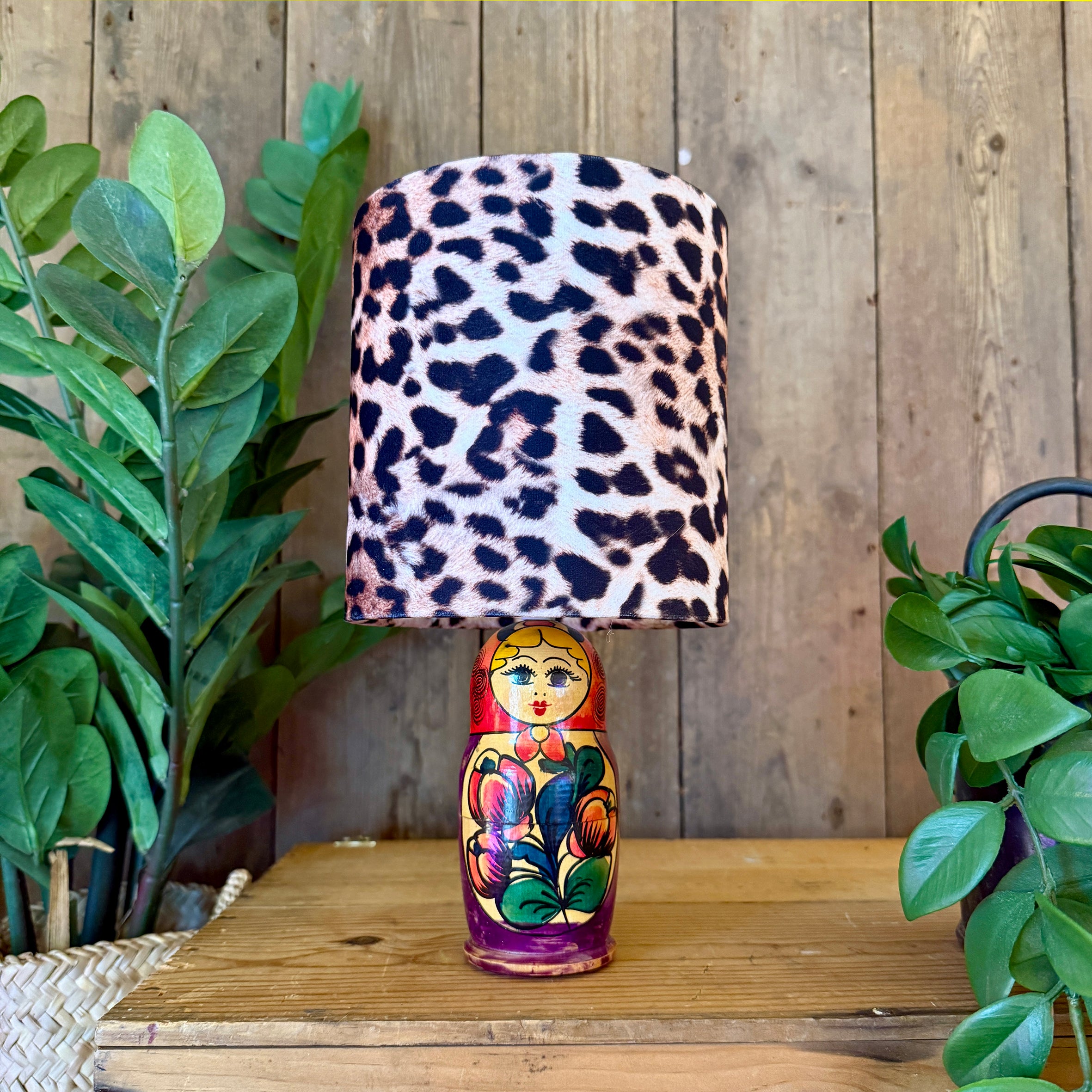 Small Handmade Dinky Doll Cordless Lamp with Leopard Print Shade