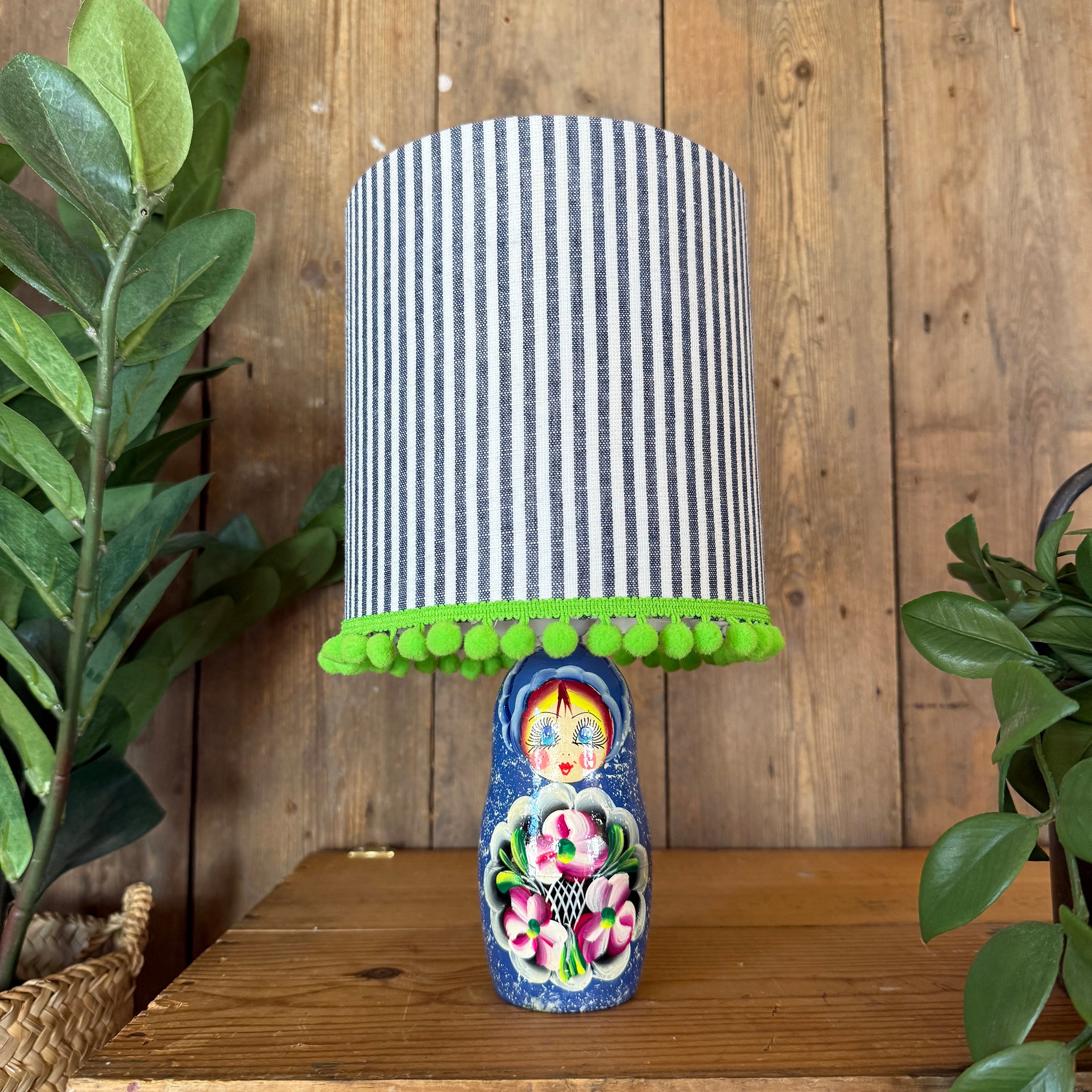 Small Handmade Dinky Doll Cordless Lamp with Navy Candy Stripe Shade