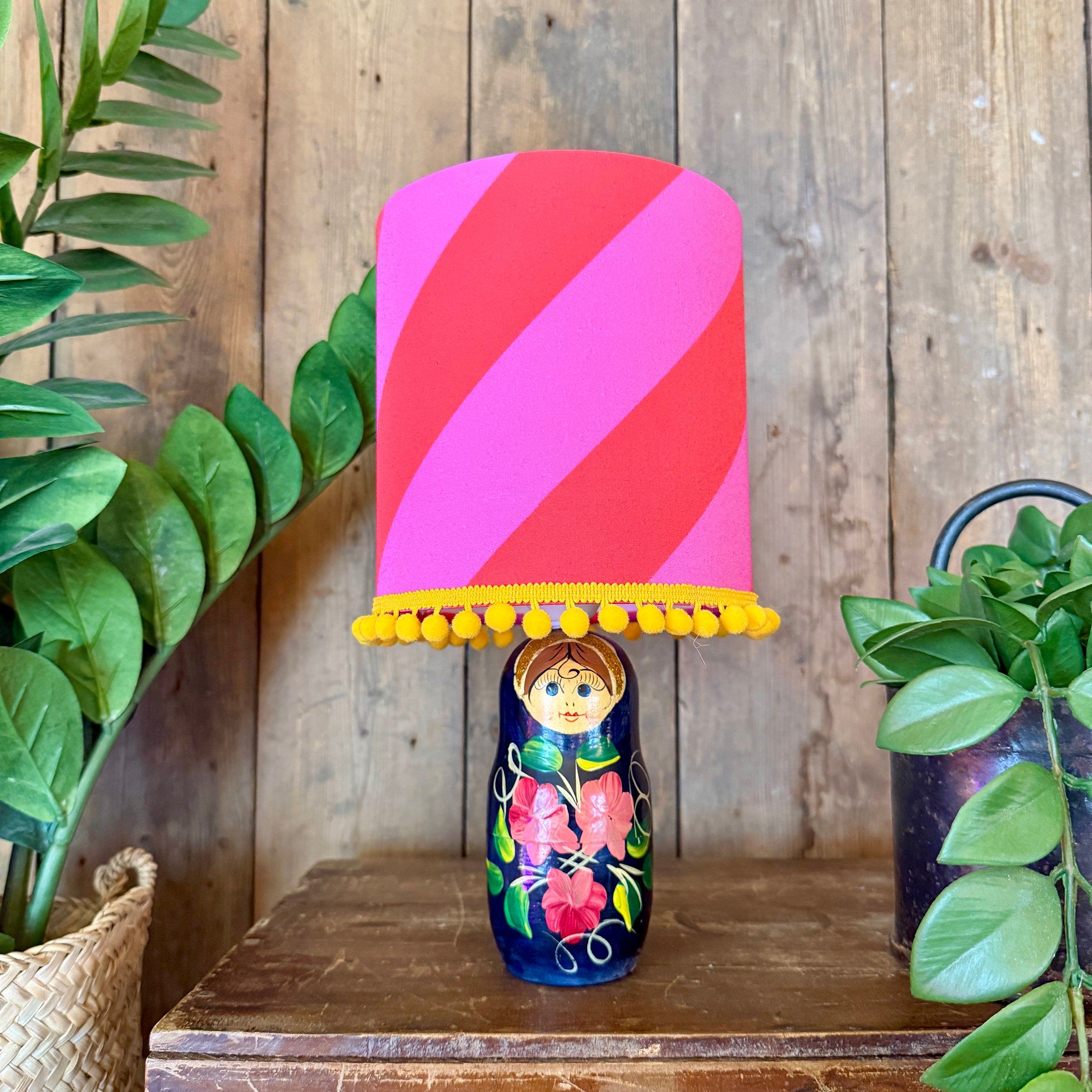 Small Handmade Dinky Doll Cordless Lamp with Red & Pink Tilted Stripe Shade