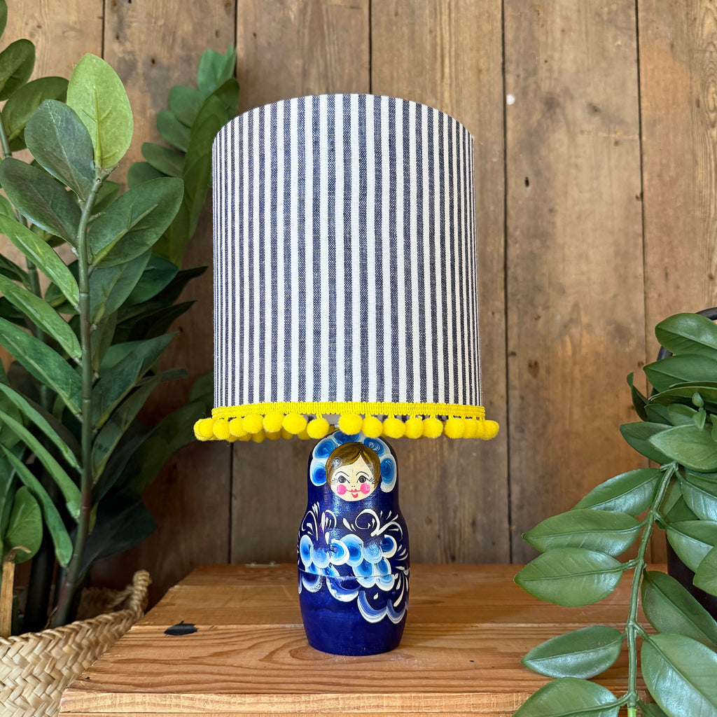 Small Handmade Dinky Doll Cordless Lamp with Navy Candy Stripe Shade