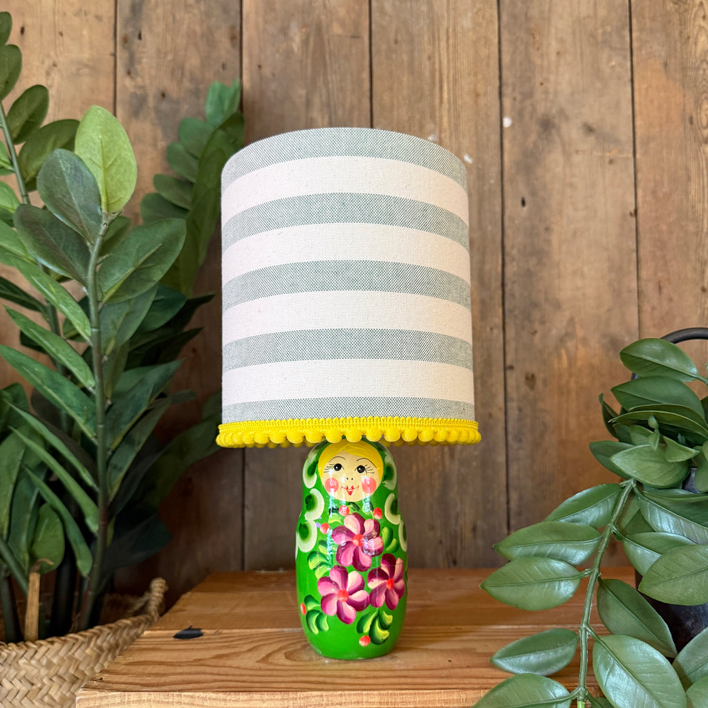 Small Handmade Dinky Doll Cordless Lamp with Green Stripe Shade
