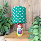 Small Handmade Dinky Doll Cordless Lamp with Clover Green Polka Dot Shade