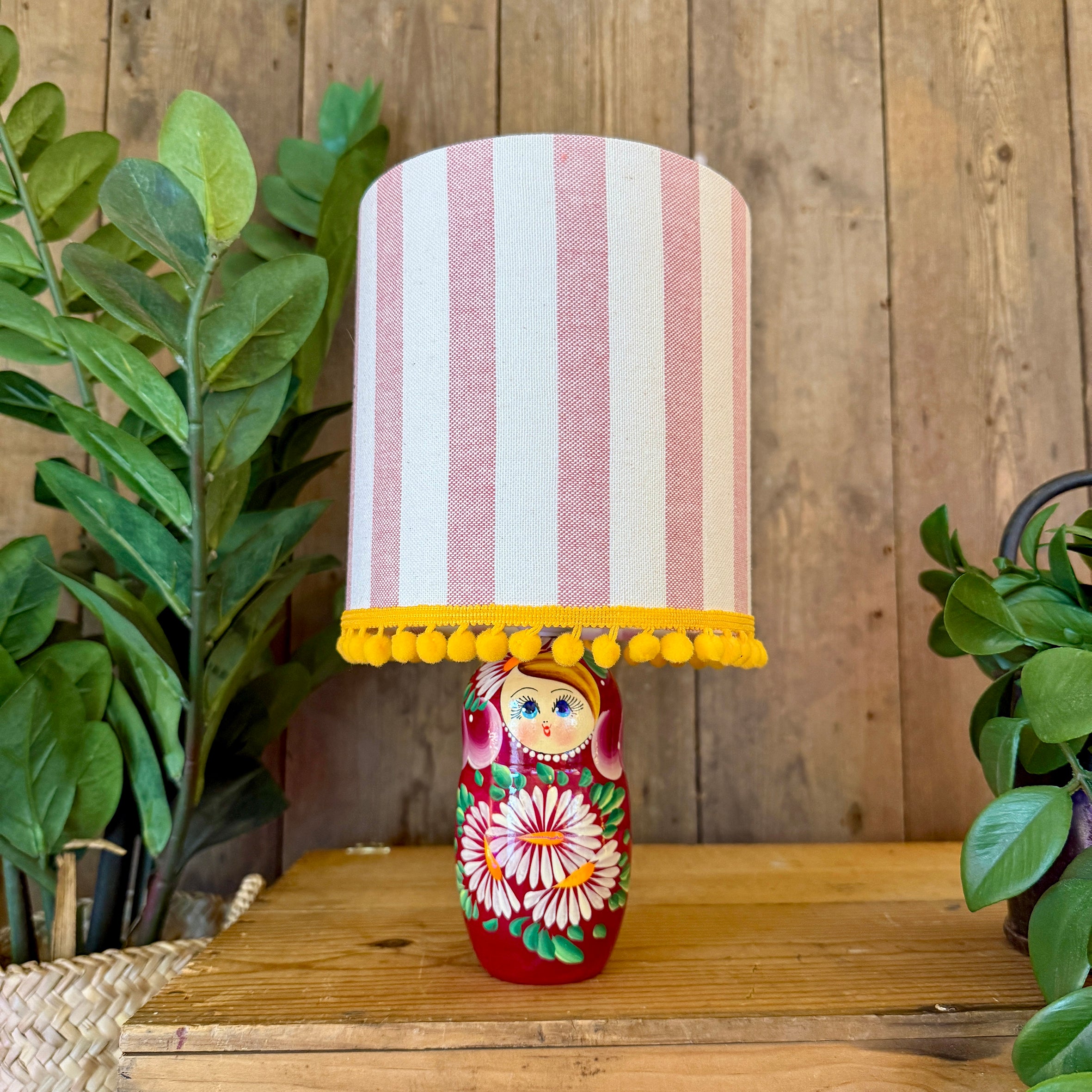 Small Handmade Dinky Doll Cordless Lamp with Pink Stripe Shade