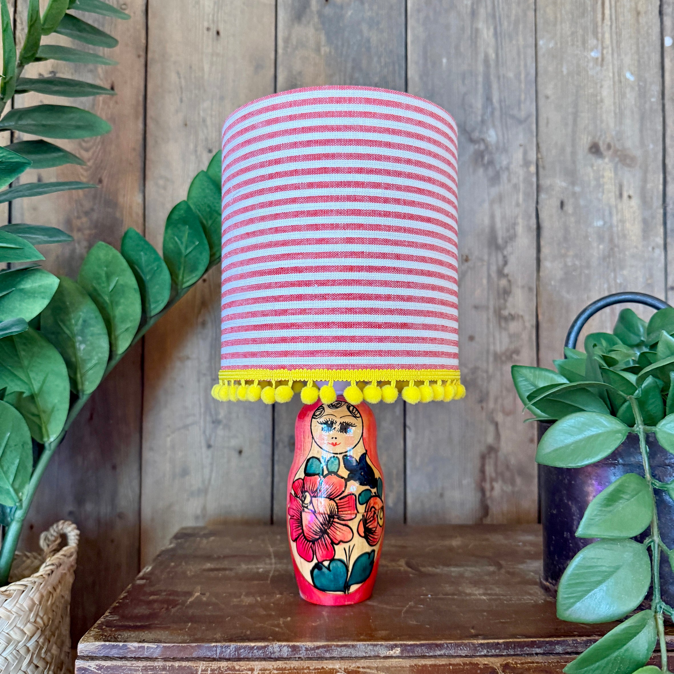 Small Handmade Dinky Doll Cordless Lamp with Red Candy Stripe Shade