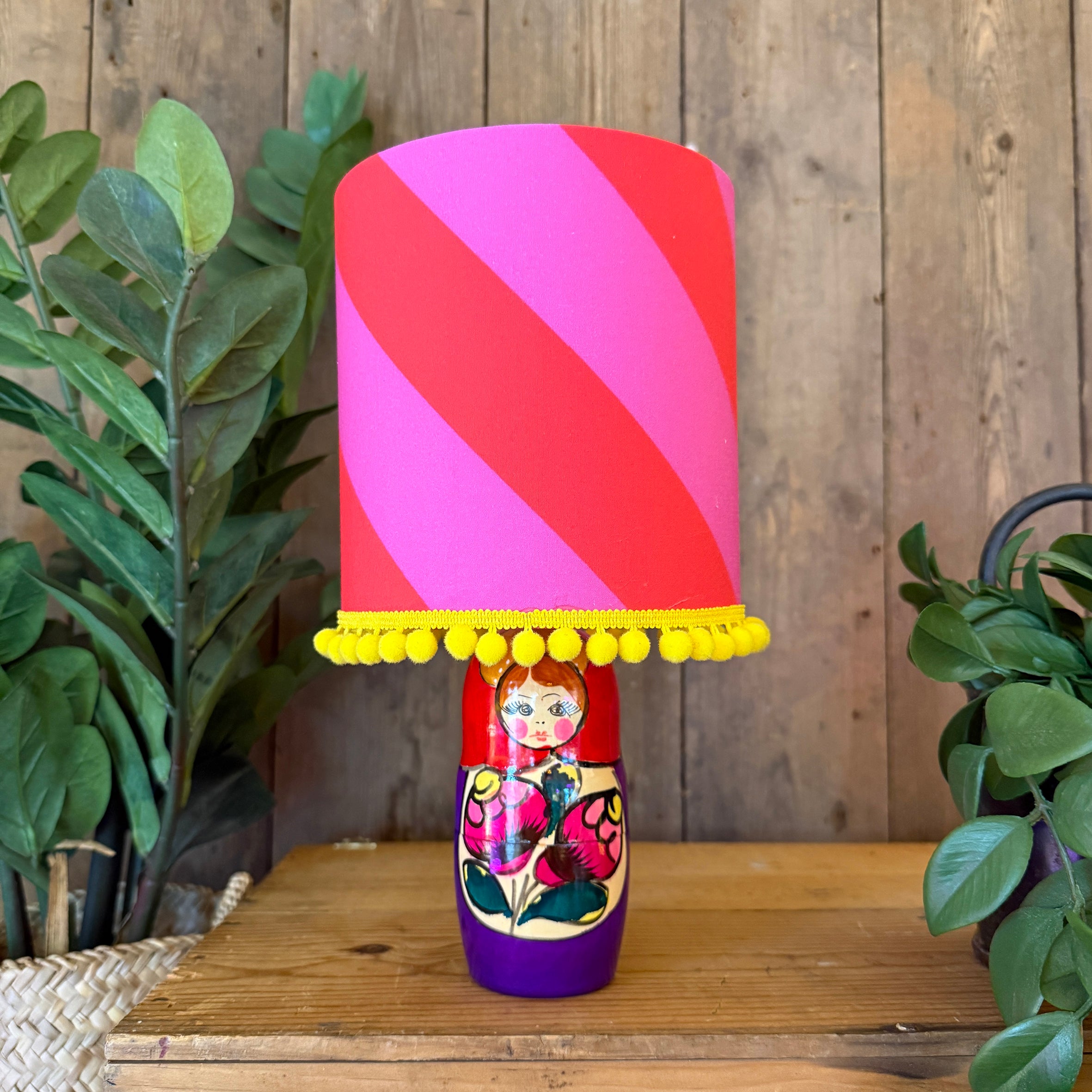 Small Handmade Dinky Doll Cordless Lamp with Red & Pink Tilted Stripe Shade