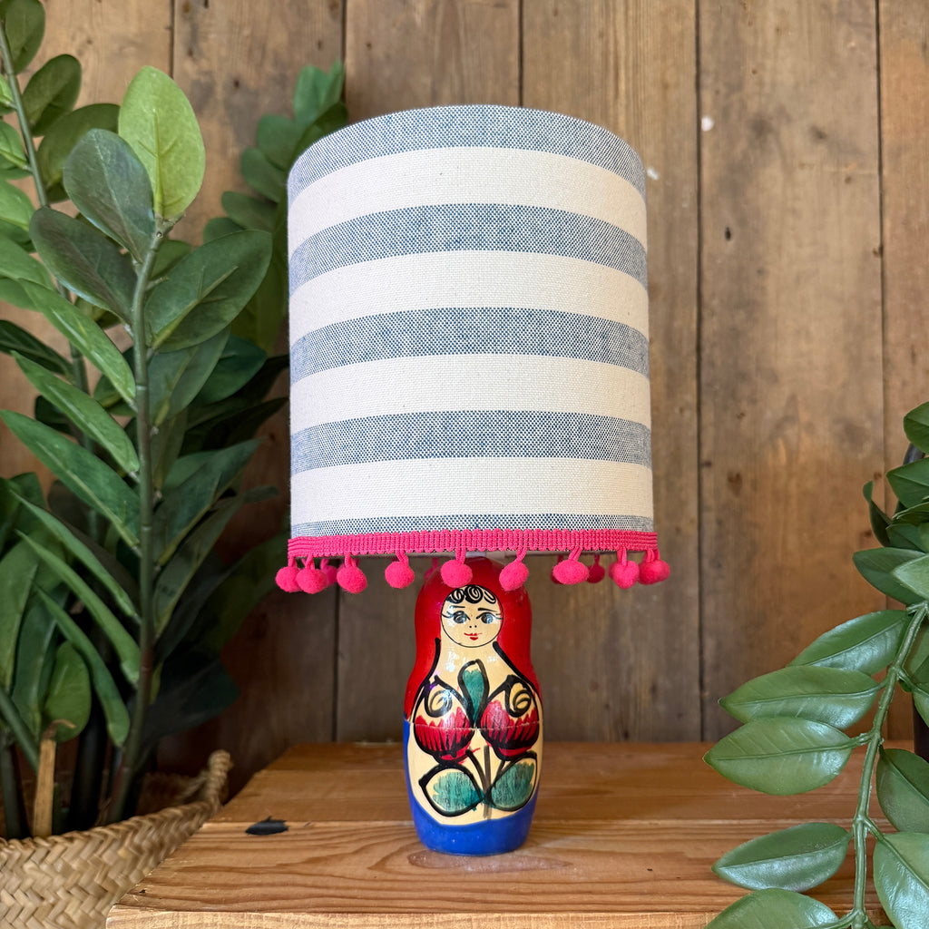 Small Handmade Dinky Doll Cordless Lamp with Blue and White Striped Shade