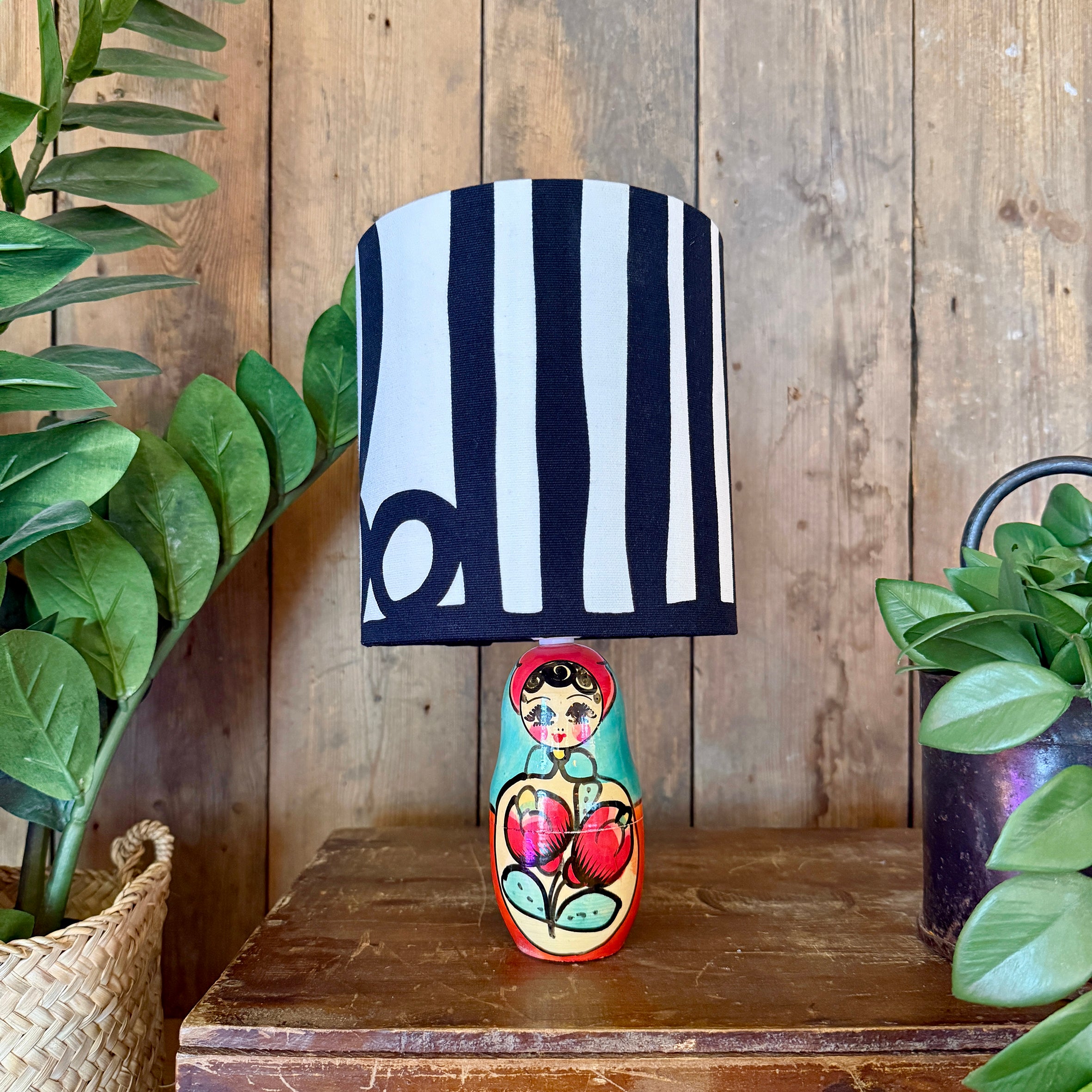 Small Handmade Dinky Doll Cordless Lamp with Abstract Monochrome Shade