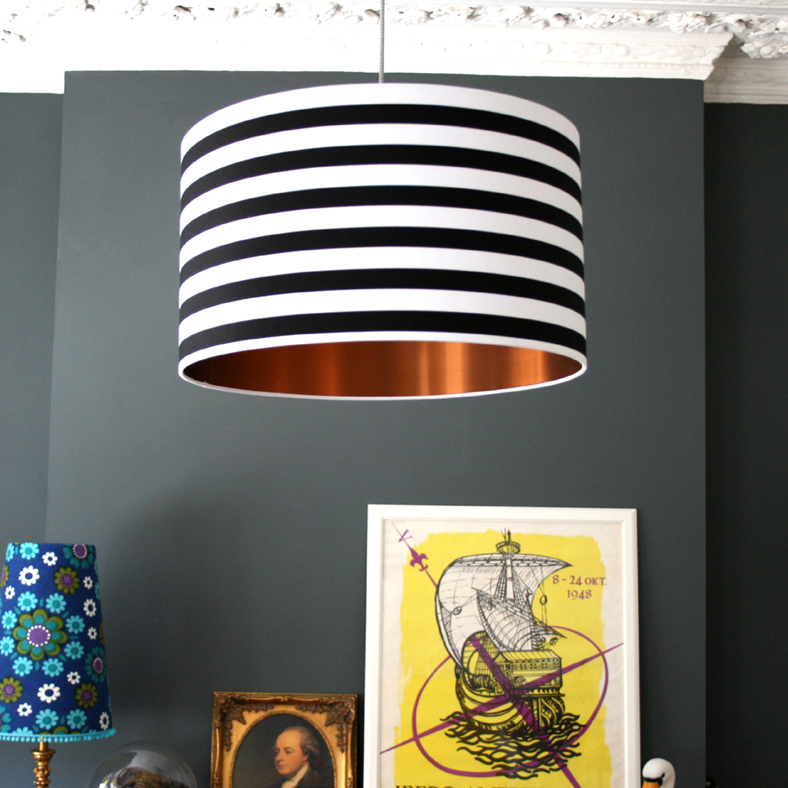 Monochrome Black and White Wide Stripe Fabric Drum Lampshade Brushed Copper 