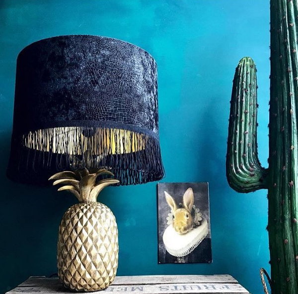 Mock crocodile print velvet lampshade with gold lining and black fringing