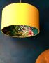 Love Frankie Kooky Lemur Lampshade, teal lemur wallpaper and egg yolk yellow cotton