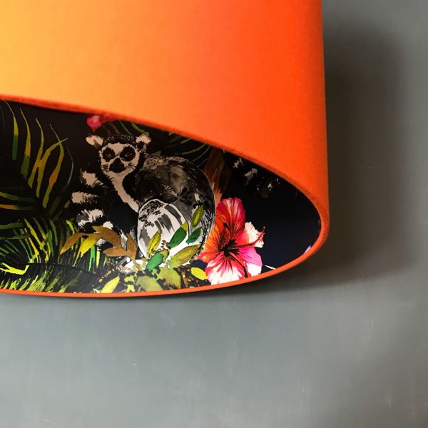 Midnight Blue Lemur Silhouette Lampshade in Tangerine Orange Close Up