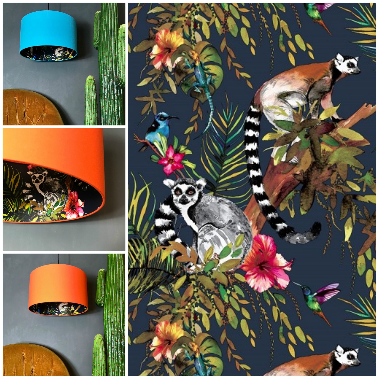 Lemur Wallpaper in Midnight blue with Tangerine or Sky Blue